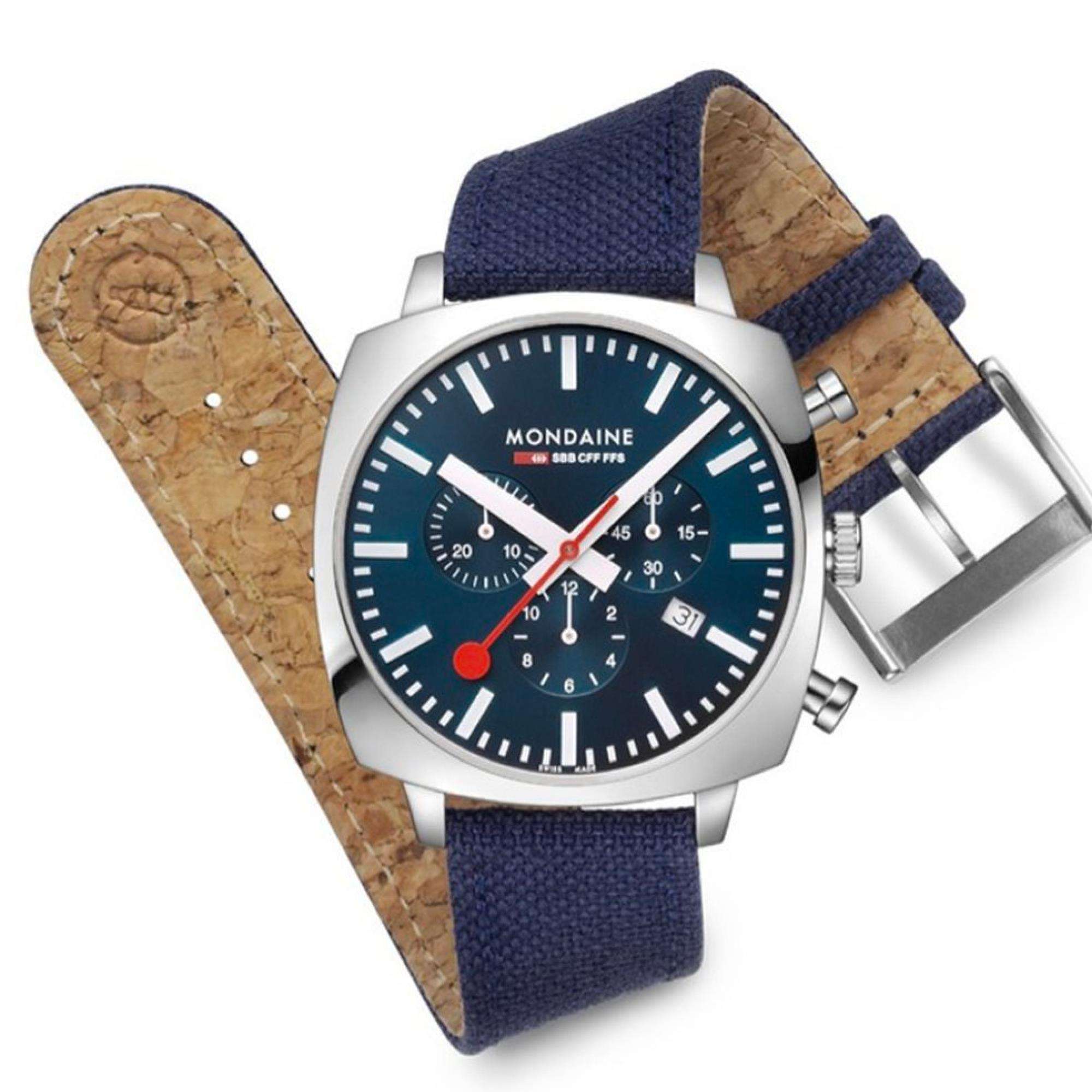 Mondaine Grand Cushion Square Blue Dial Textile Strap Watch MSL.41440.LD.SET