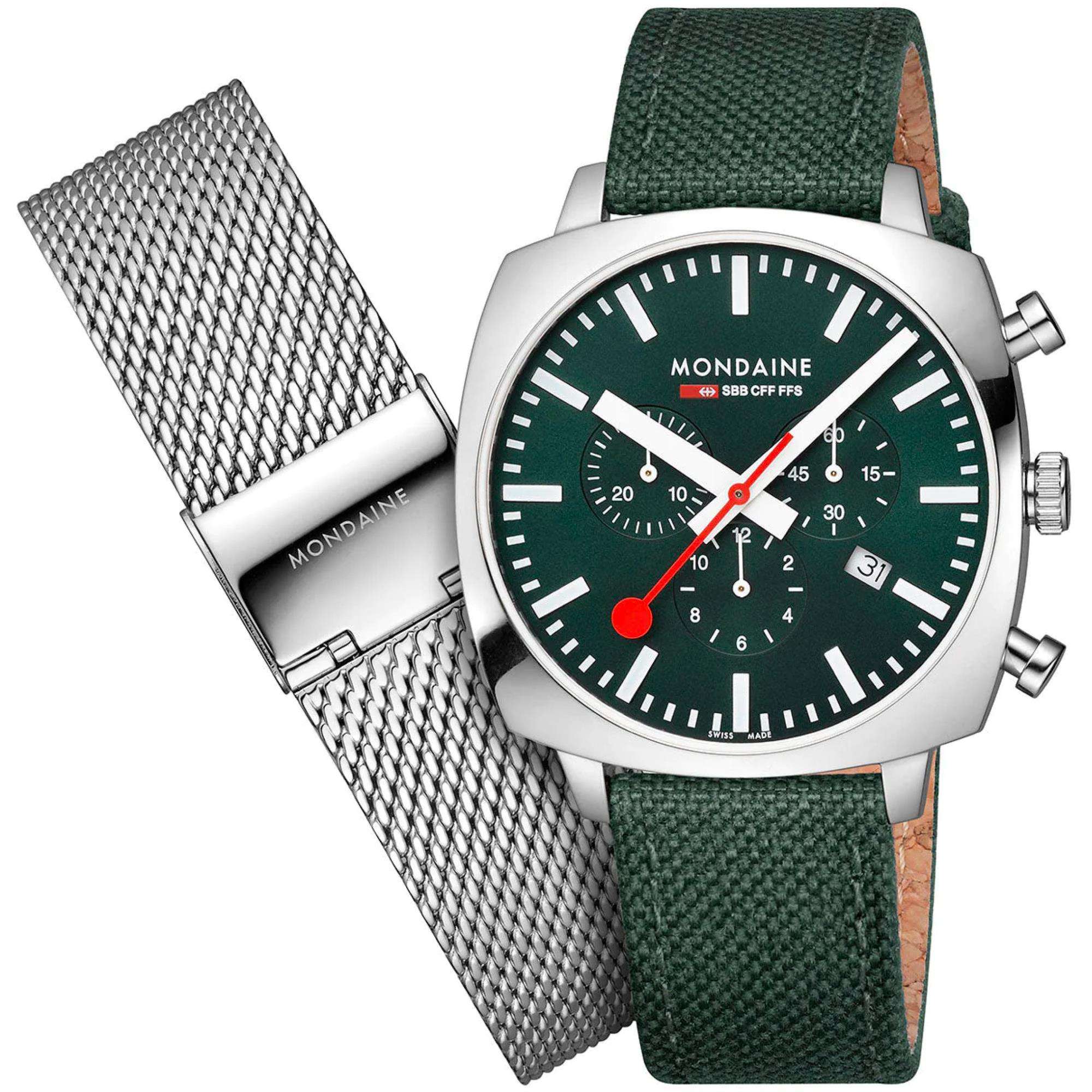 Mondaine Cushion 41mm Chronograph Green Dial Textile Mens Quartz Watch MSL.41460.LF.SET