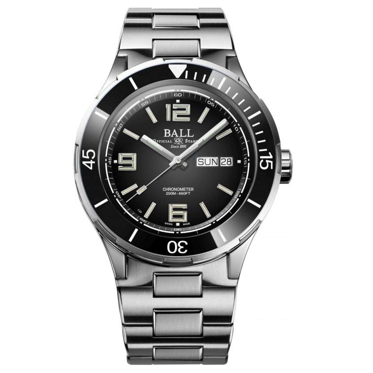 Men's automatic wristwatch with black dial and silver-tone metal link bracelet, round case