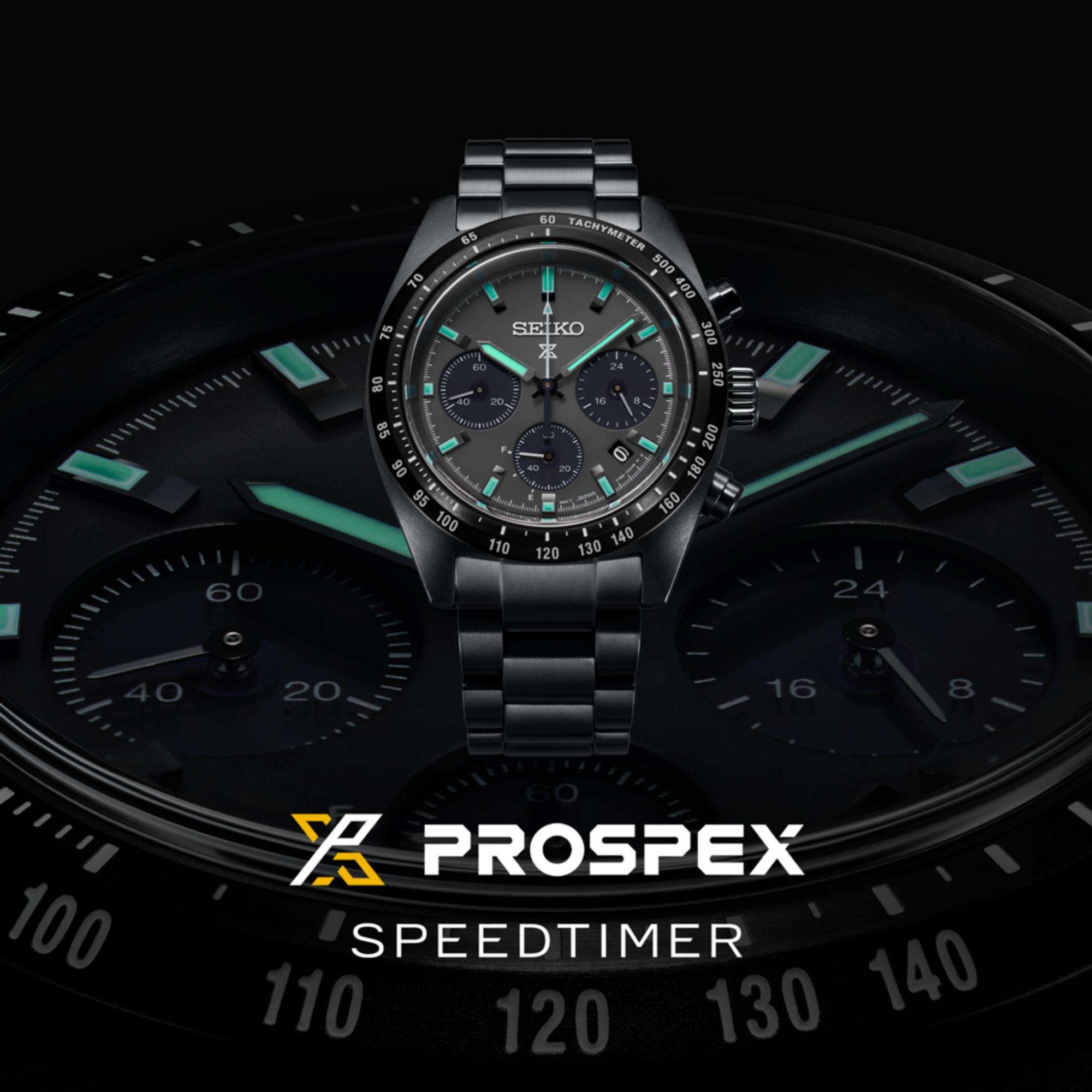 Seiko Prospex 'Black Series' Speedtimer Solar Chronograph Black Dial Steel Bracelet Men's Watch SSC917P1