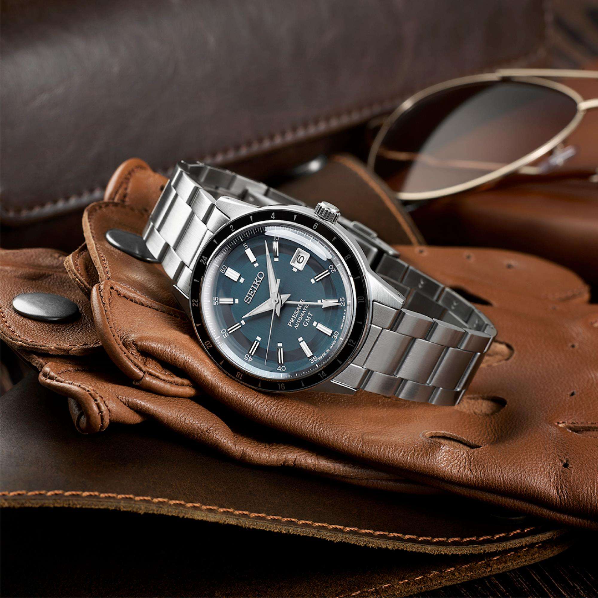 Seiko Presage 'Petrol Blue' Style 60s Road Trip GMT Automatic Blue Dial Men's Watch SSK009J1