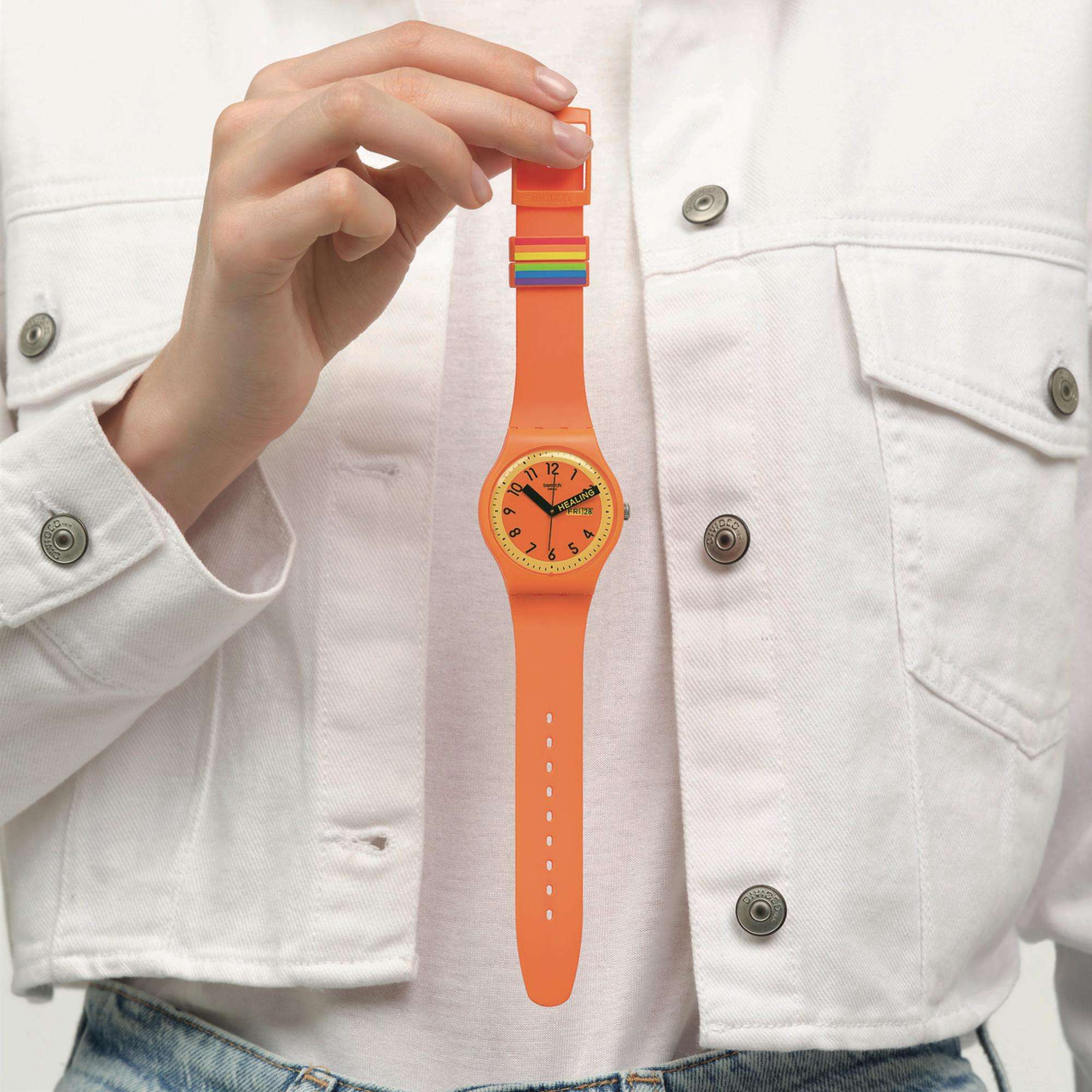 Swatch Pride 'Proudly Orange' Quarz Oranges Zifferblatt Uhr SO29O700