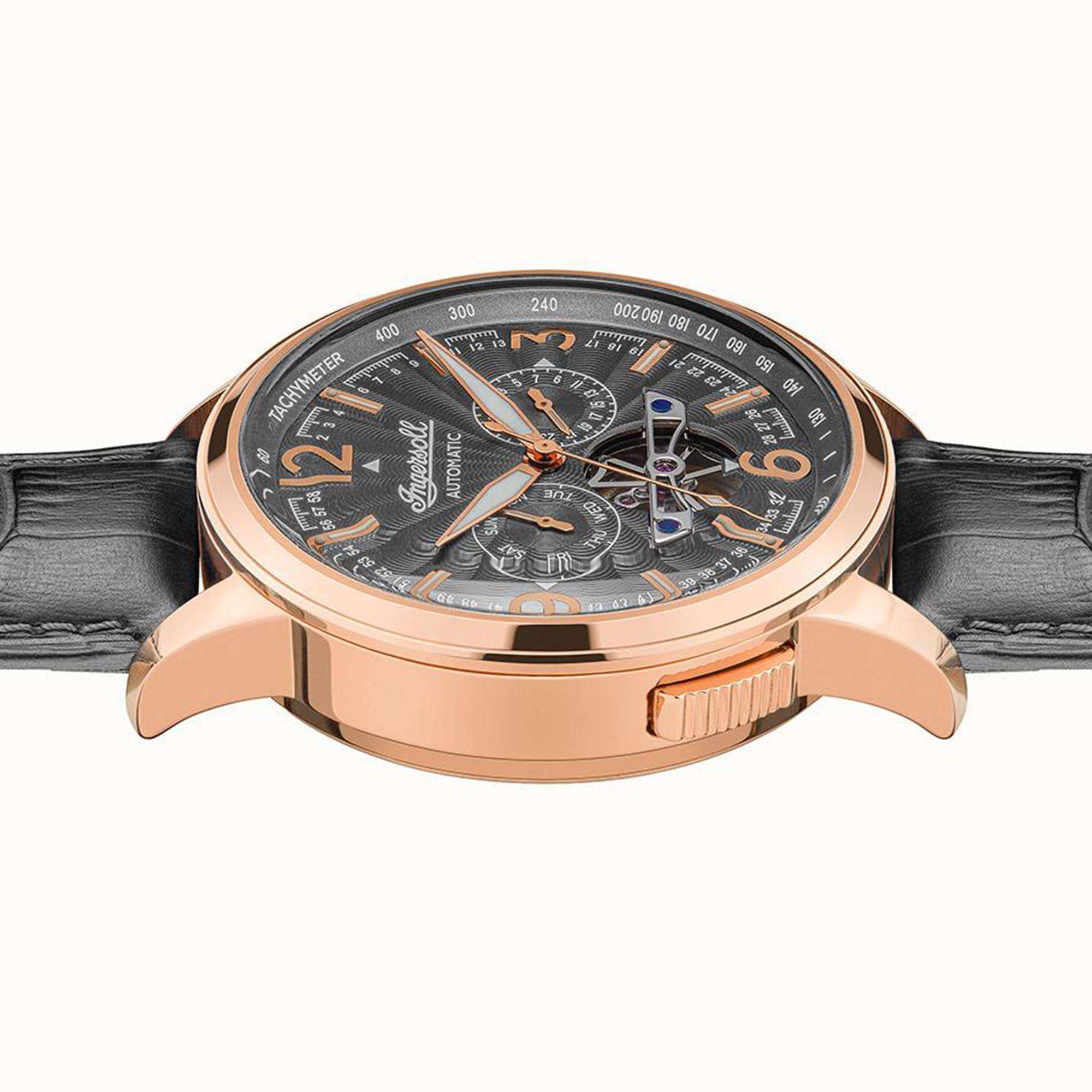 Ingersoll The Regent Automatik Schwarz Zifferblatt Lederarmband Herren Uhr I00302B