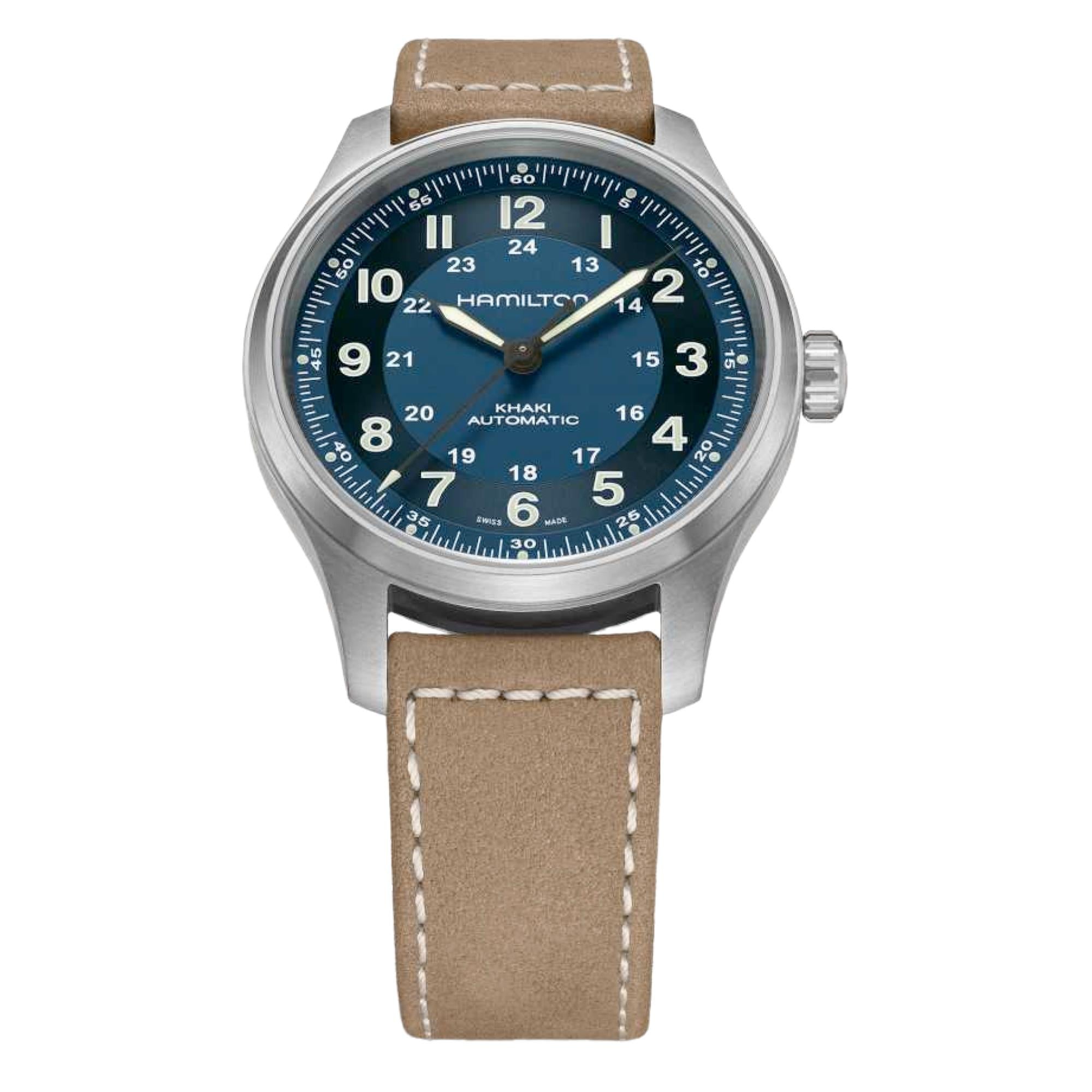 Hamilton Khaki Field H70545540 blue dial and brown leather strap with beige stitching detail