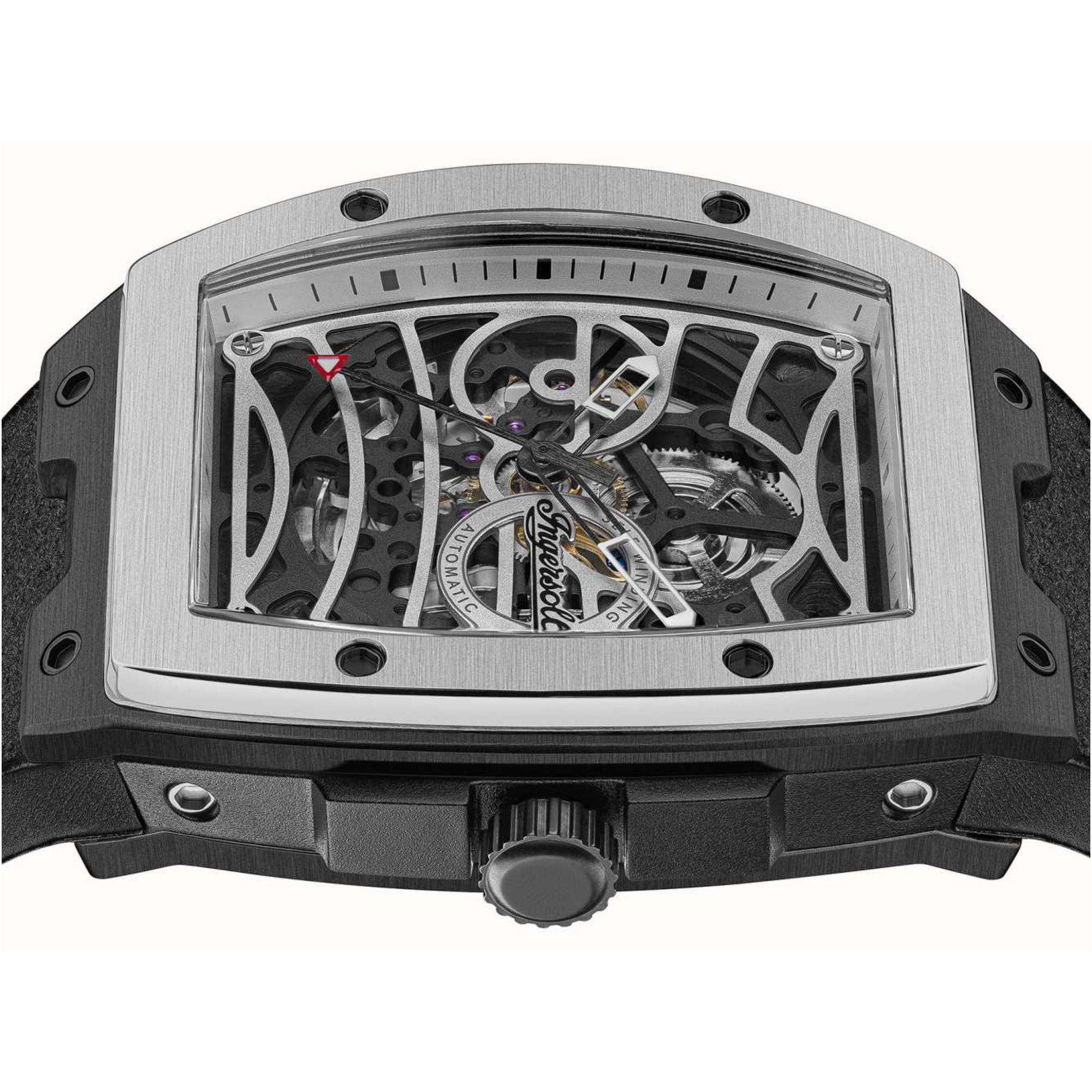 Ingersoll The Challenger 1892 Automatik Herren Uhr Silbernes Zifferblatt Schwarzes PU-Alcantara-Armband I12306