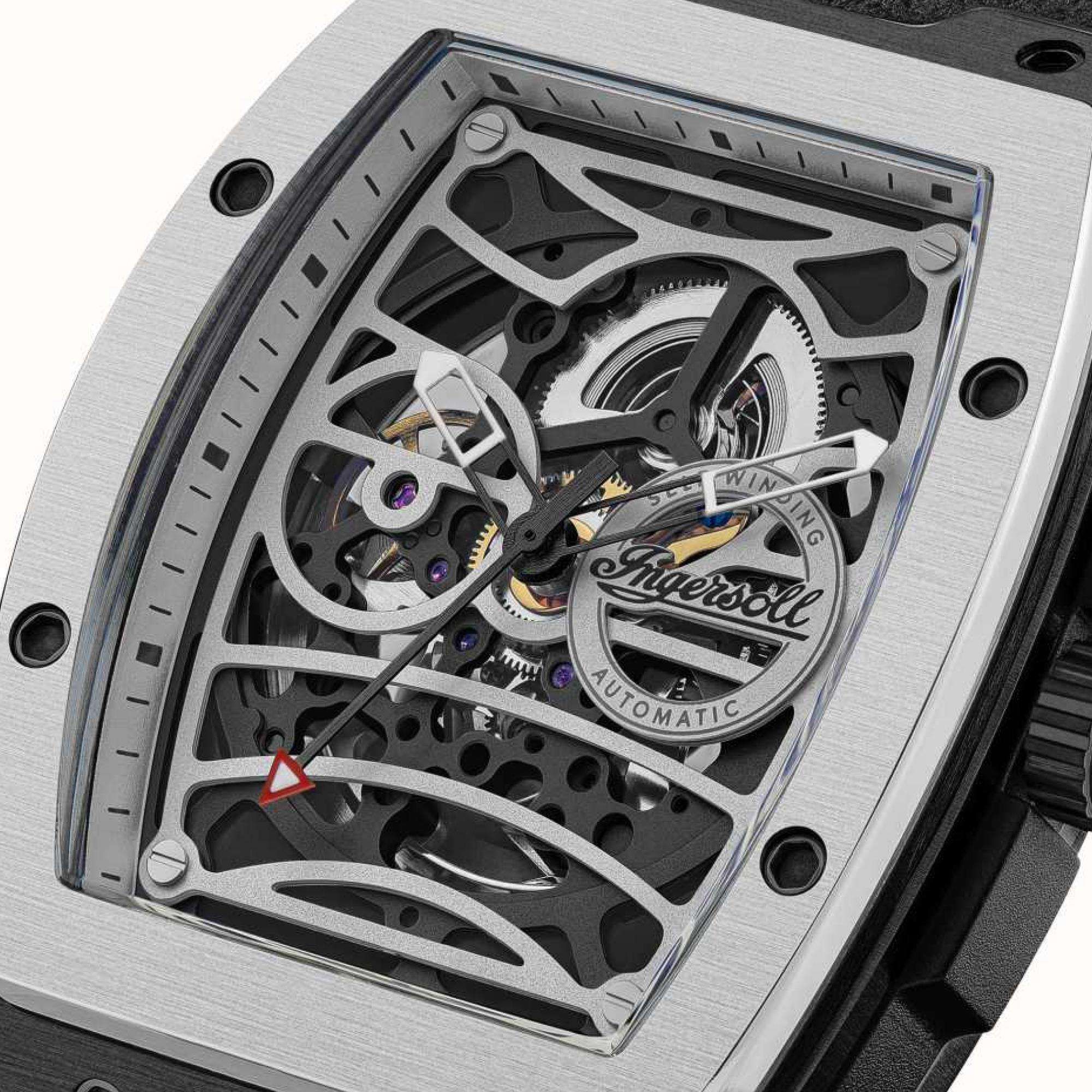 Ingersoll The Challenger 1892 Automatik Herren Uhr Silbernes Zifferblatt Schwarzes PU-Alcantara-Armband I12306