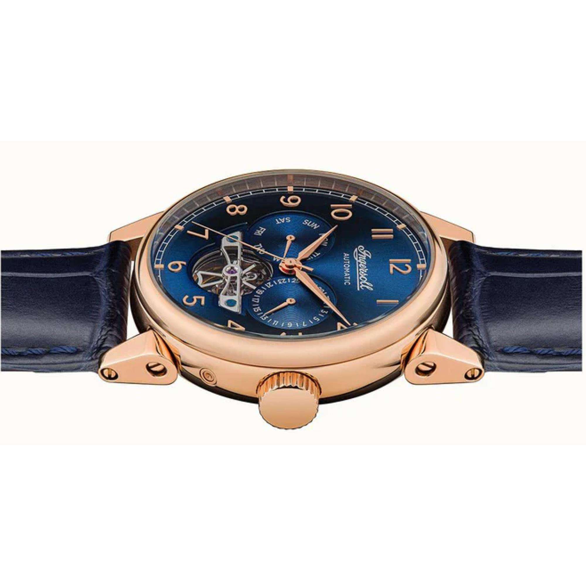 Ingersoll The Swing 1892 Herren Automatik Uhr Blaues Zifferblatt Blaues Lederarmband I12702