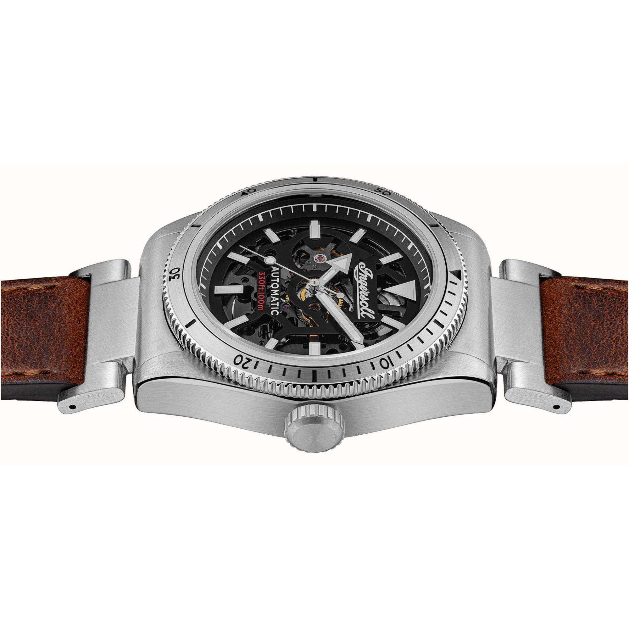Ingersoll The Scovill 1892 Automatik Schwarzes Zifferblatt Braunes Lederarmband Herren Uhr I13901