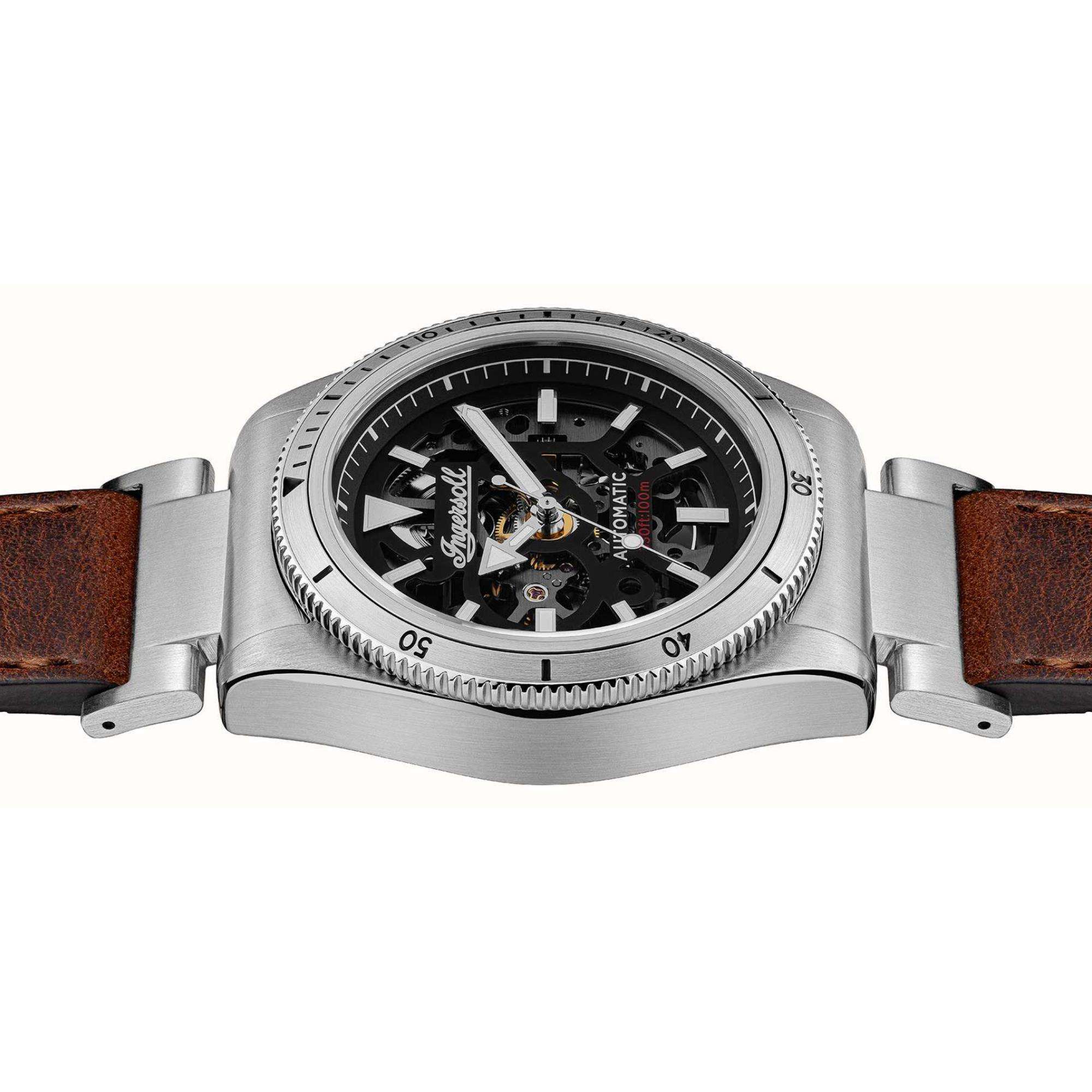 Ingersoll The Scovill 1892 Automatik Schwarzes Zifferblatt Braunes Lederarmband Herren Uhr I13901