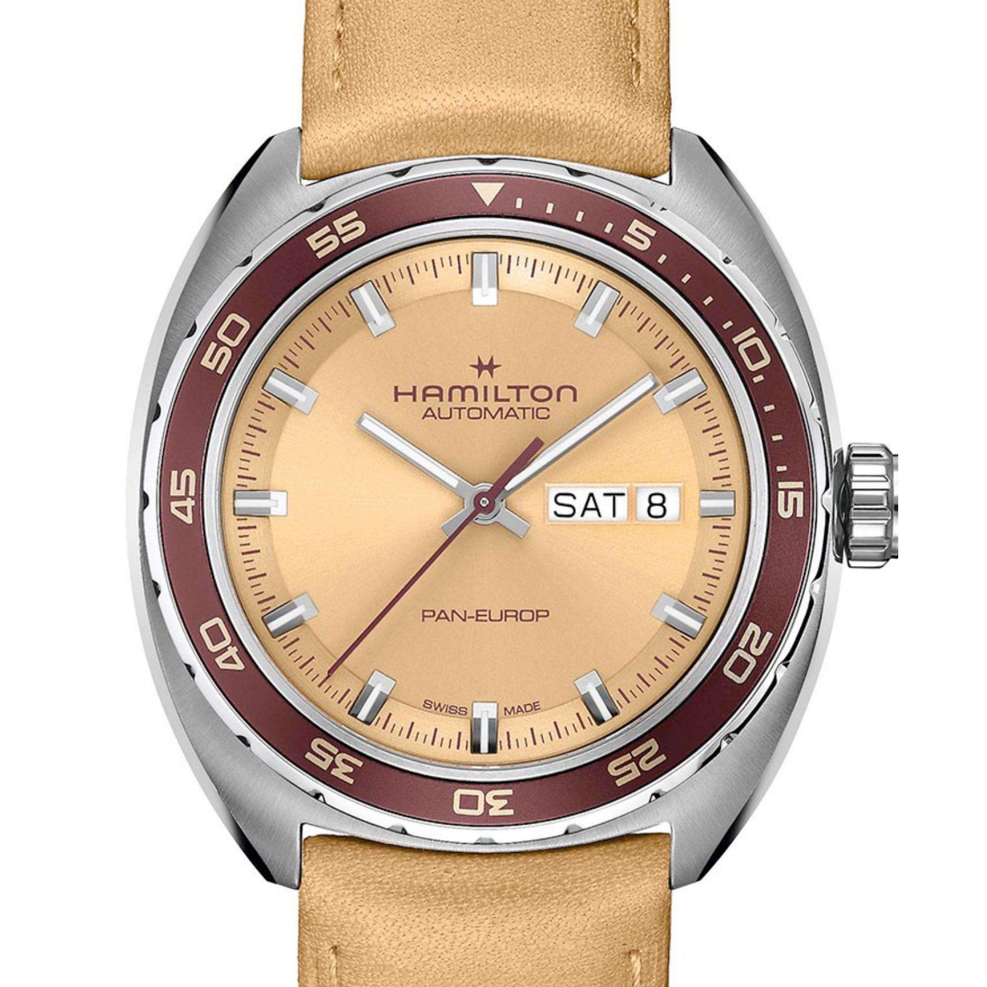 Hamilton American Classic 42mm Pan Europ Day-Date Beige Dial Leather Mens Automatic Watch H35435820