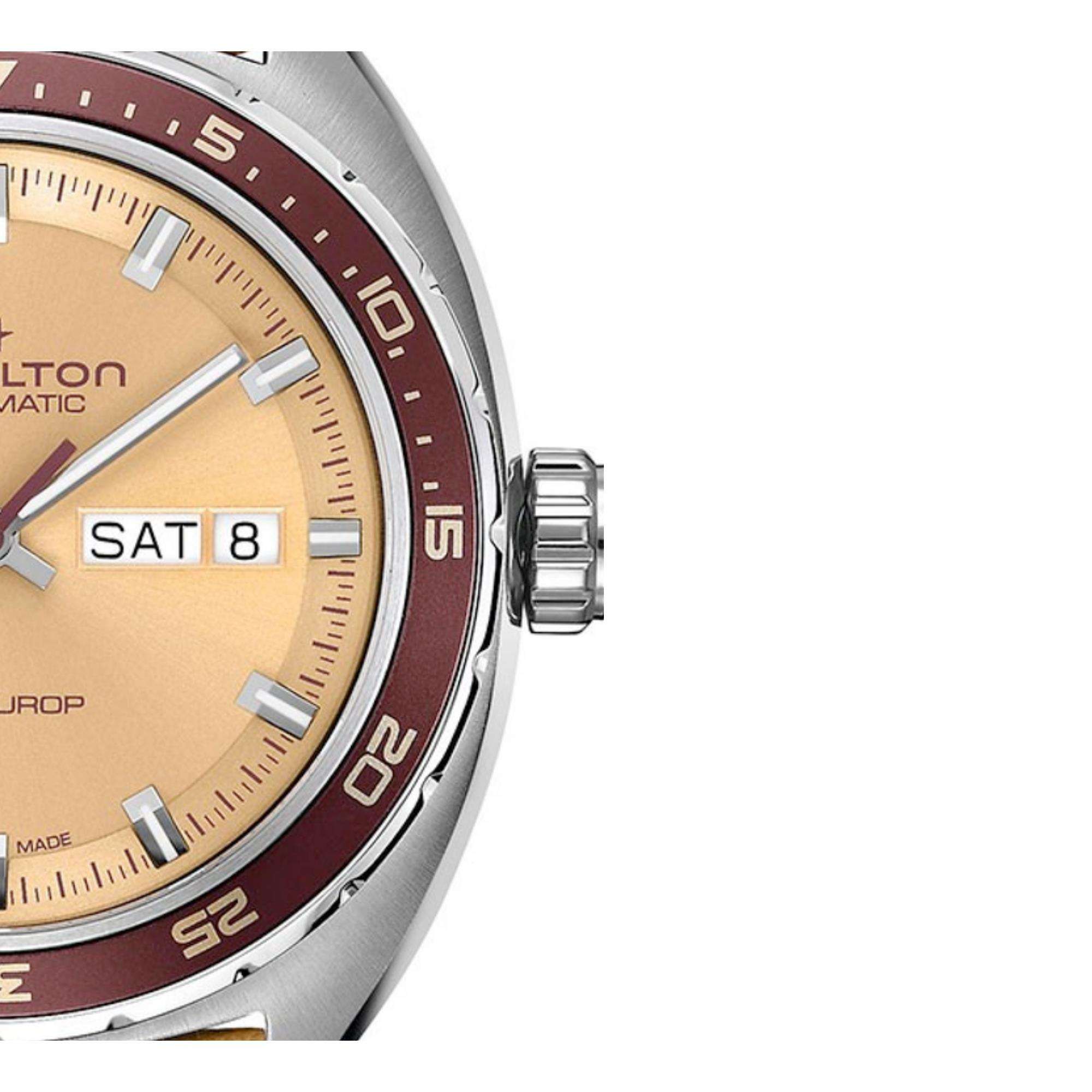 Hamilton American Classic 42mm Pan Europ Day-Date Beige Dial Leather Mens Automatic Watch H35435820