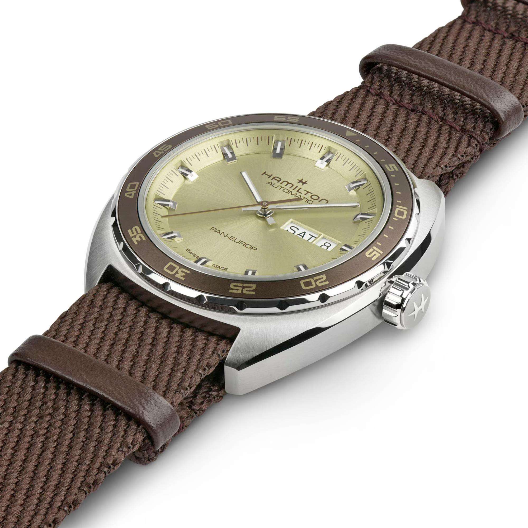 Hamilton American Classic 42mm Pan Europ Tag-Datum Grünes Zifferblatt Leder Herren Automatik Uhr H35445860