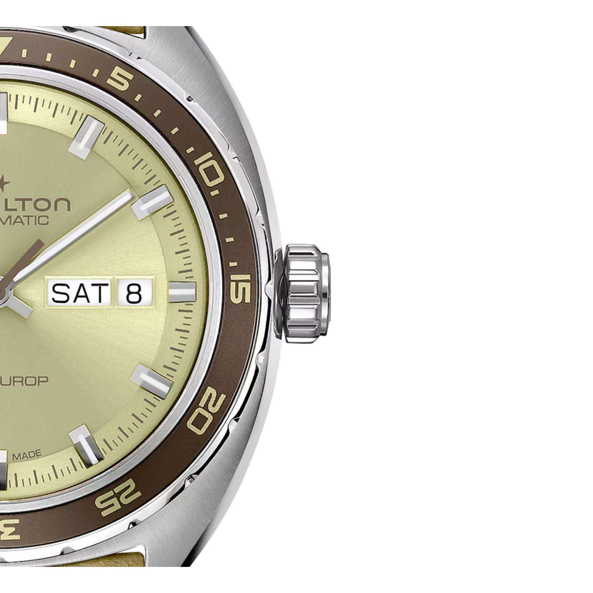 Hamilton American Classic 42mm Pan Europ Tag-Datum Grünes Zifferblatt Leder Herren Automatik Uhr H35445860