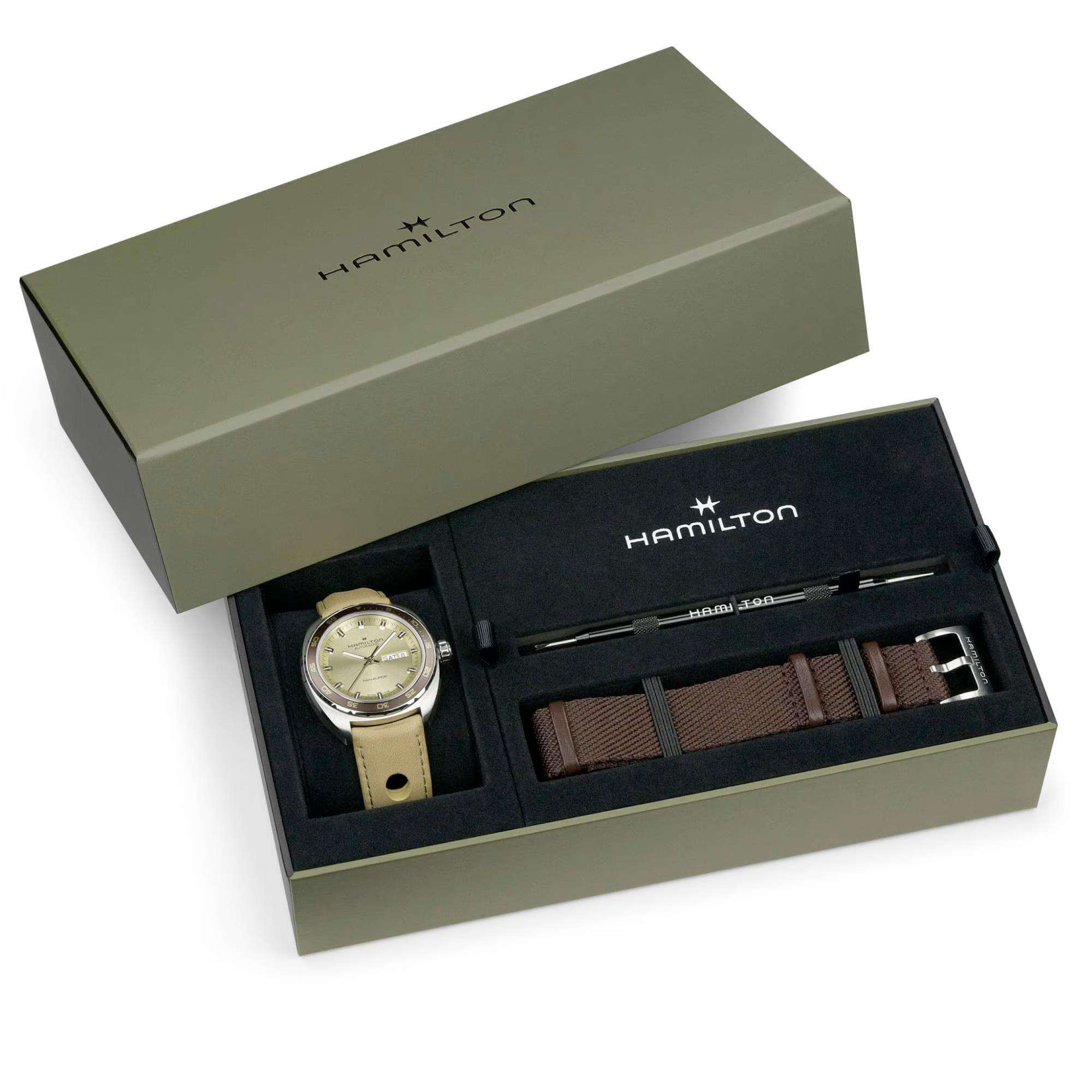 Hamilton American Classic 42mm Pan Europ Tag-Datum Grünes Zifferblatt Leder Herren Automatik Uhr H35445860