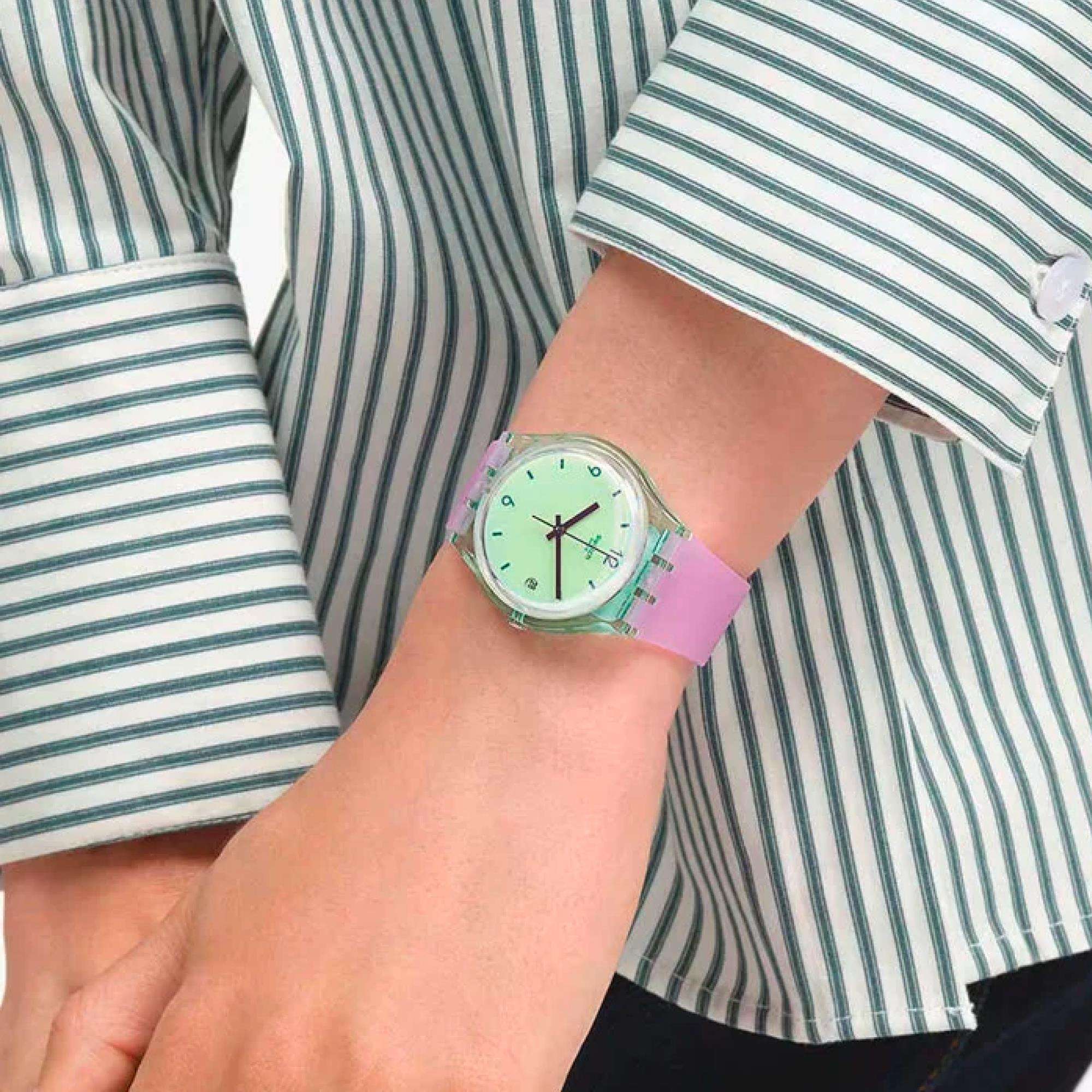 Swatch Mystic Sunrise Quarz Grünes Zifferblatt Uhr SO28G401
