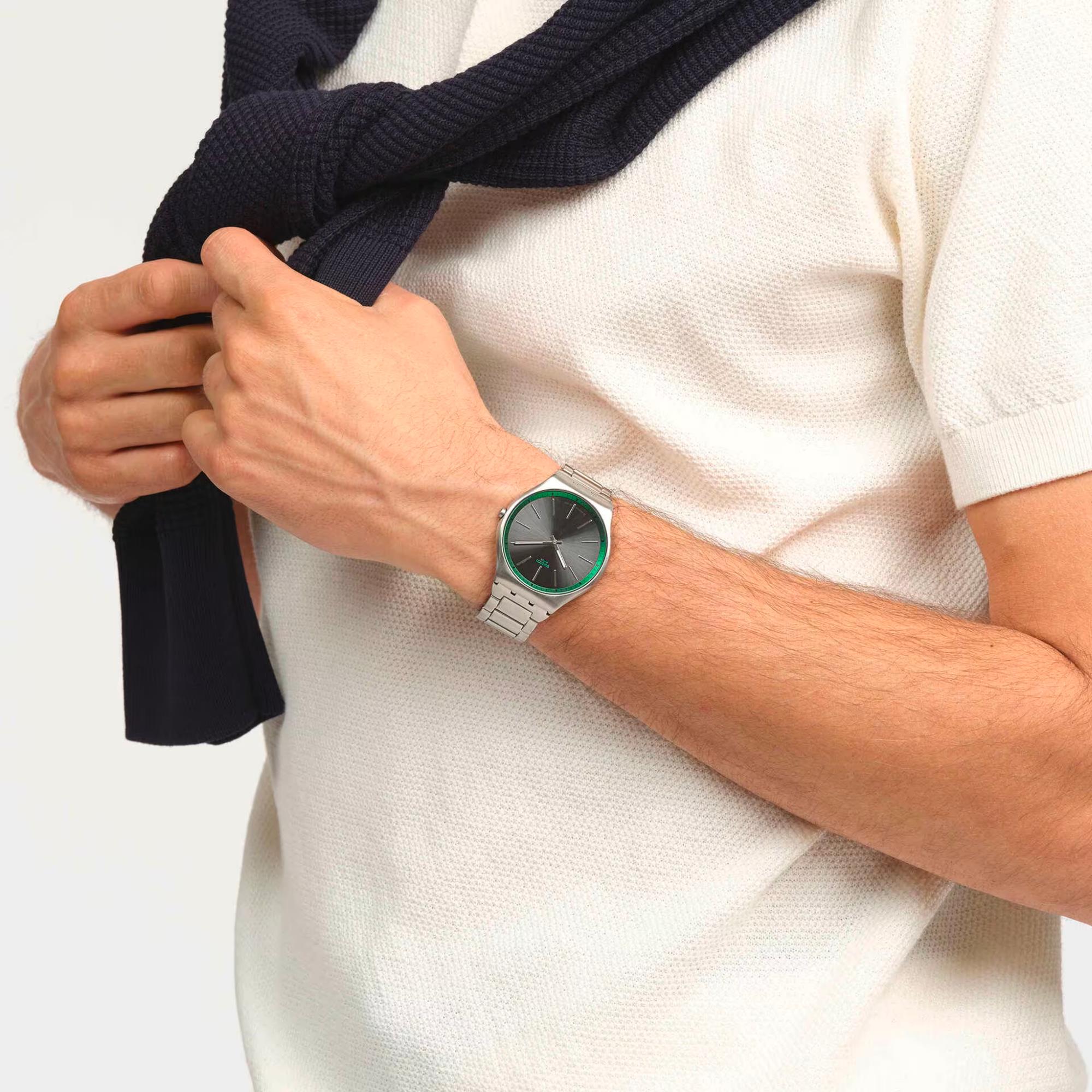 Swatch Green Graphite Quartz Black Dial Steel Strap Watch SS07S128G