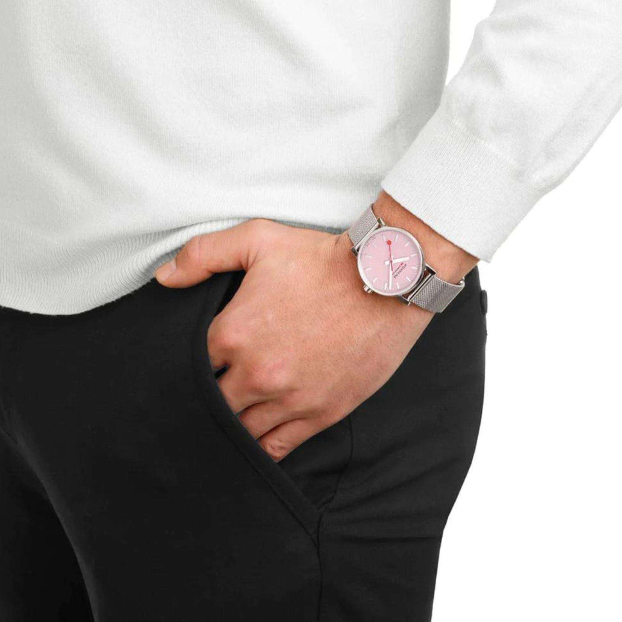 Mondaine Evo2 35mm Pink Dial Steel Ladies Quartz Watch MSE.35130.SM