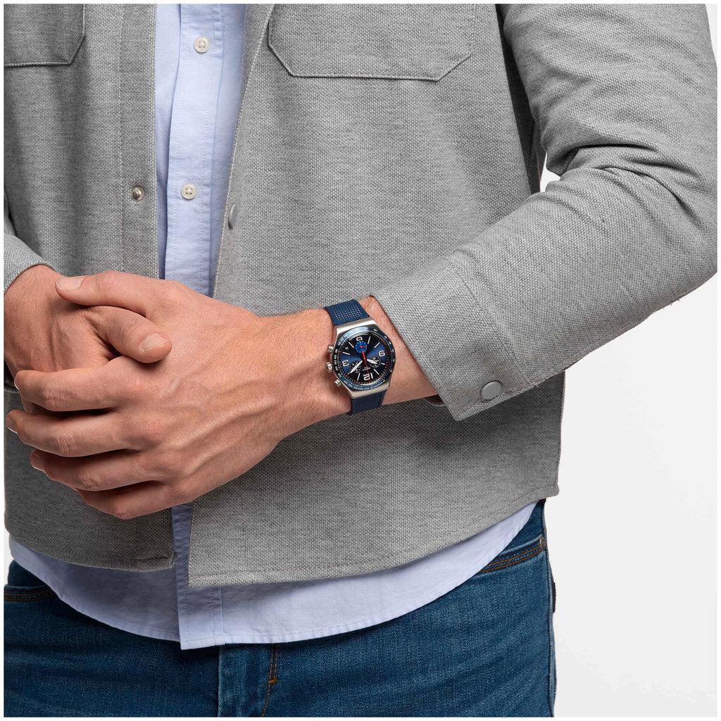 Swatch Blue Grid Tachymeter Chronograph Blue Dial Men's Watch YVS454