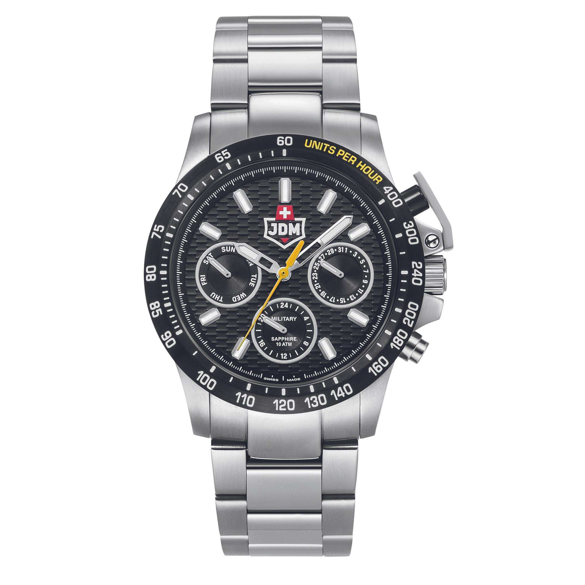 JDM Military Charlie Uhr mit schwarzem Zifferblatt und Edelstahlarmband für Herren JDM-WG016-01