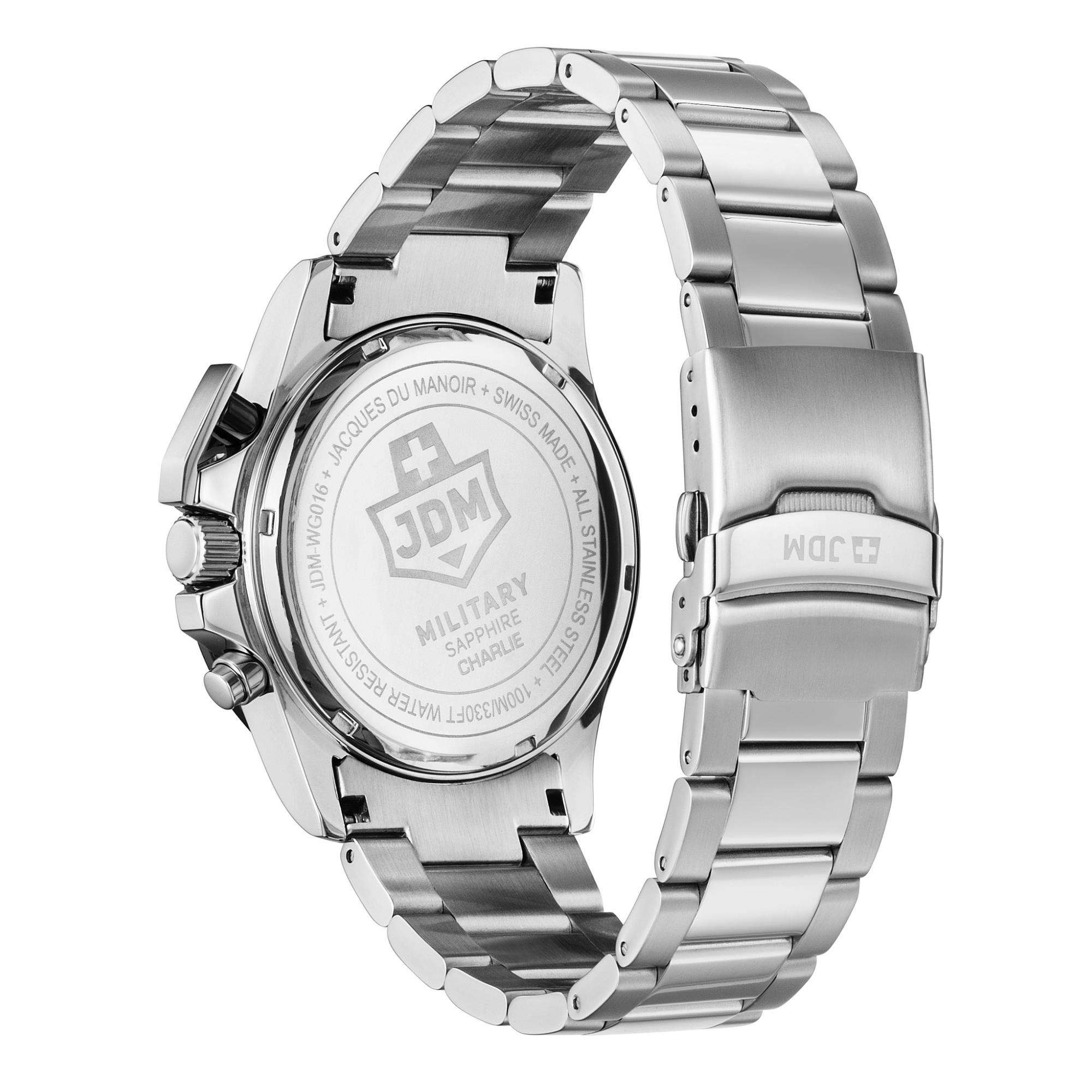JDM Military Charlie Uhr mit schwarzem Zifferblatt und Edelstahlarmband für Herren JDM-WG016-01