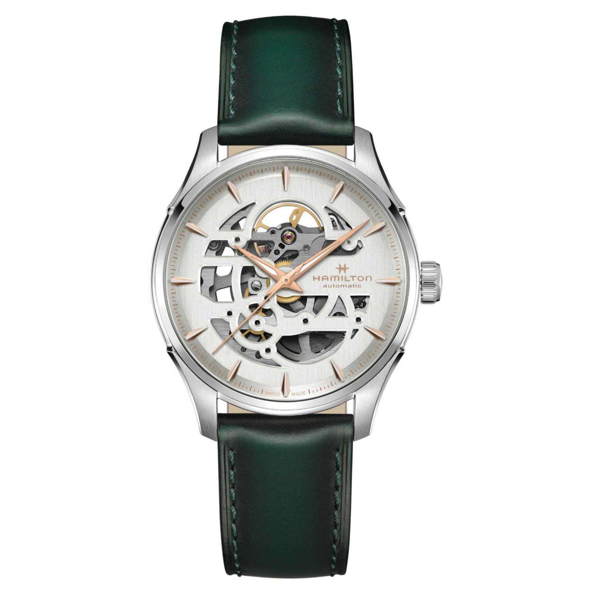 Hamilton Jazzmaster 40mm Skeleton white dial green leather automatic watch H42535810 front view
