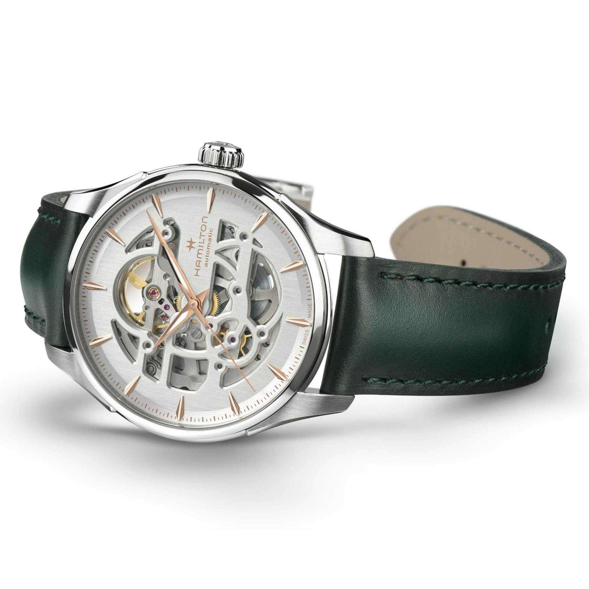 Hamilton Jazzmaster Skeleton watch with a white dial and dark green leather strap