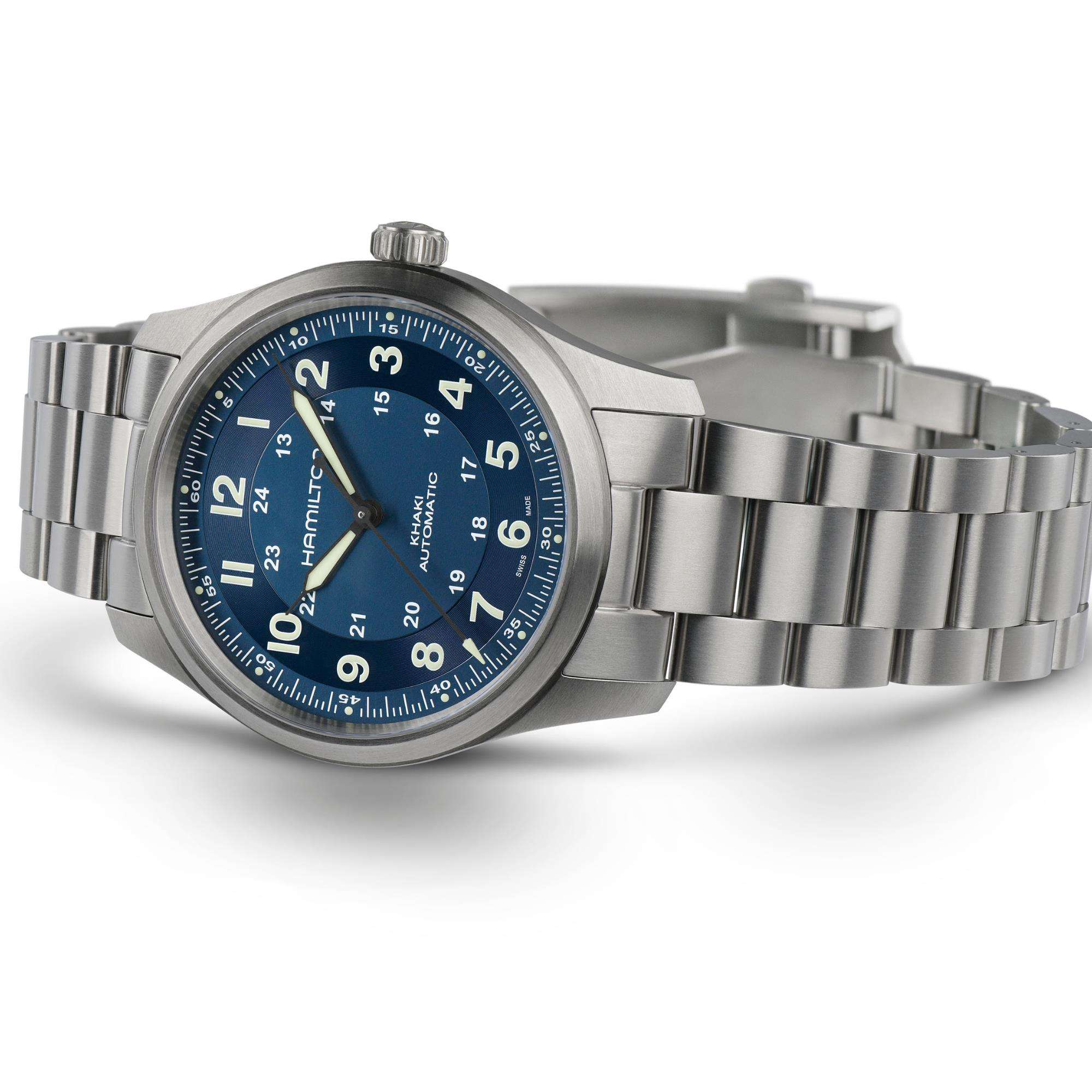 Hamilton H70545140 deep blue dial with Arabic numerals and luminous hands close-up