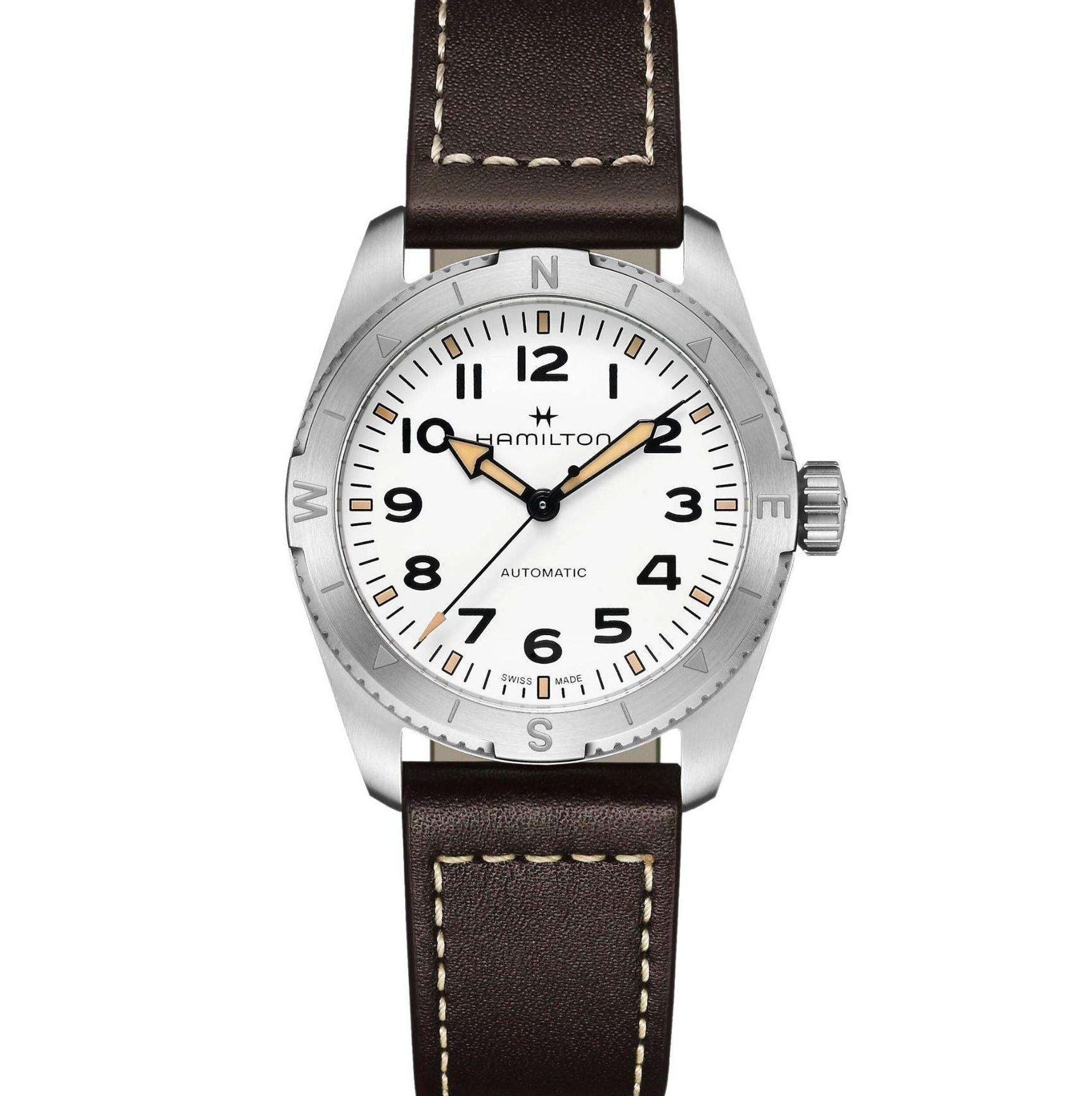 Hamilton Khaki Field Expedition auto white dial brown leather strap men's watch H70225510 front view