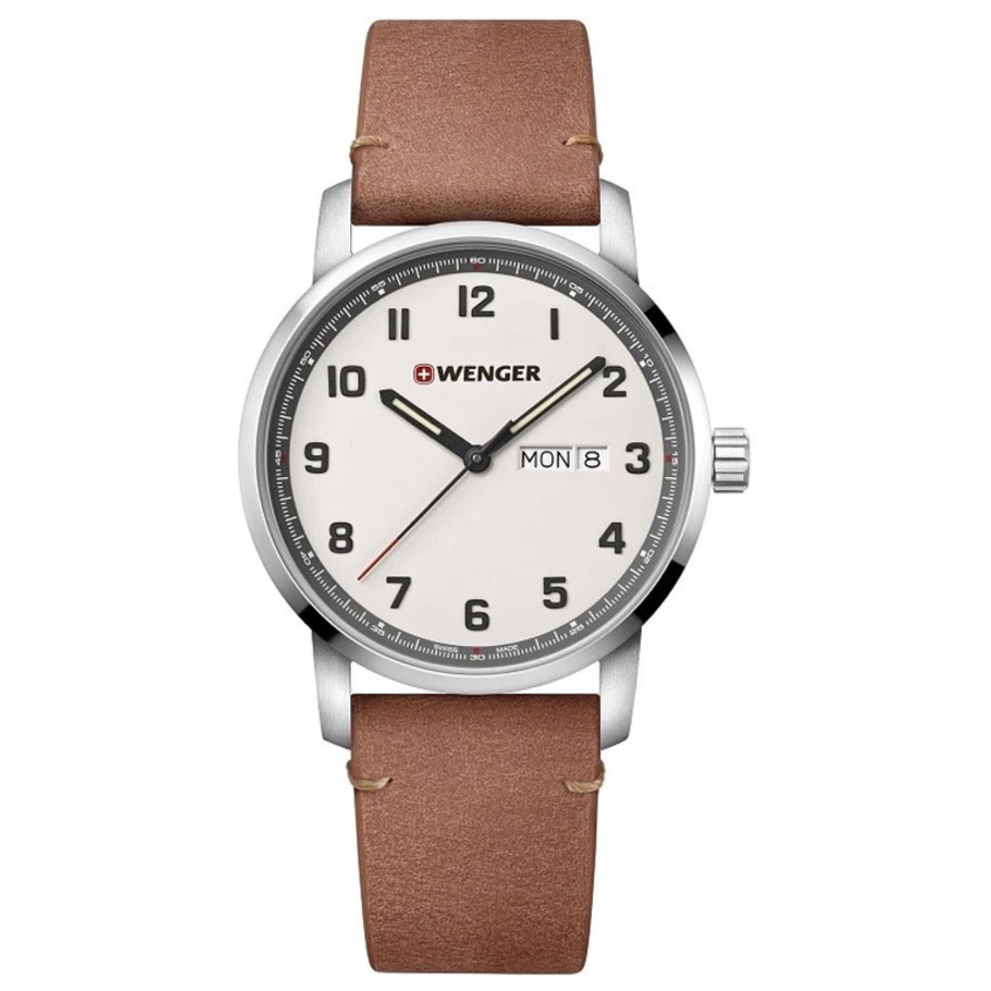 Wenger Attitude Quarz Creme Zifferblatt Braunes Lederarmband Herren Uhr 01.1541.117