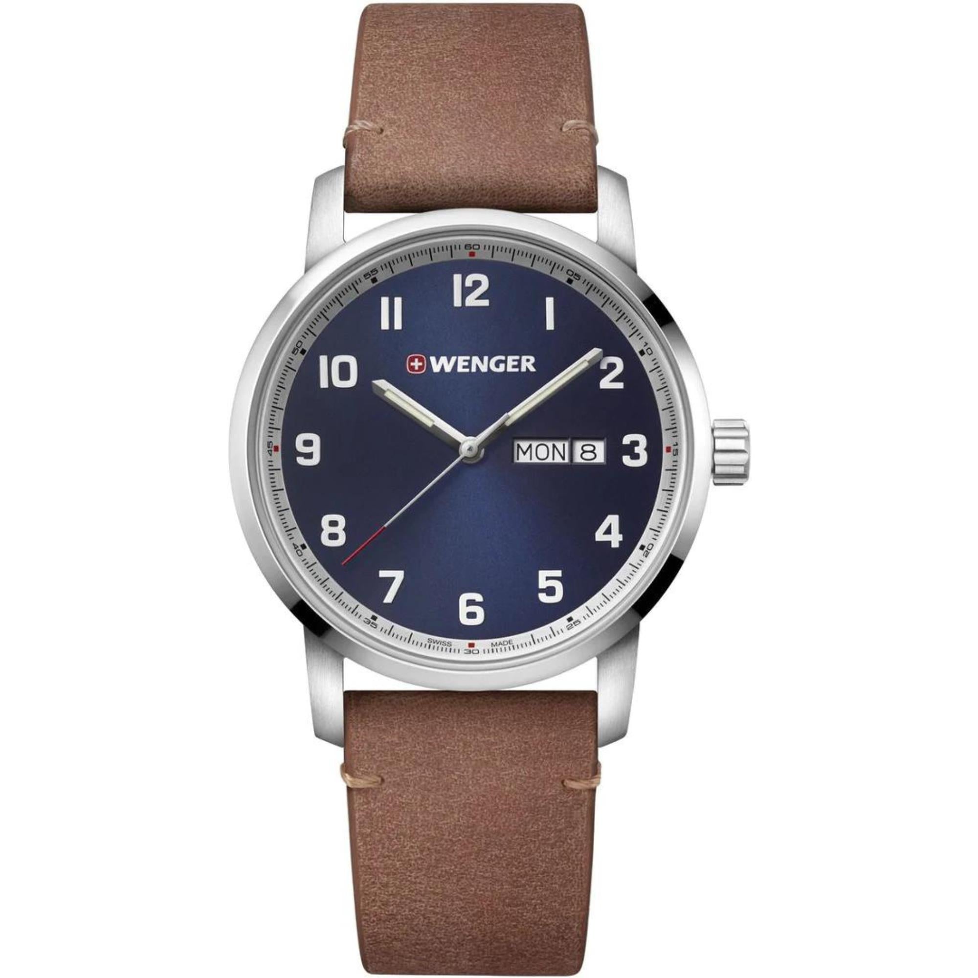 Wenger Attitude Heritage Quarz Blaues Zifferblatt Braunes Lederarmband Herren Uhr 01.1541.114