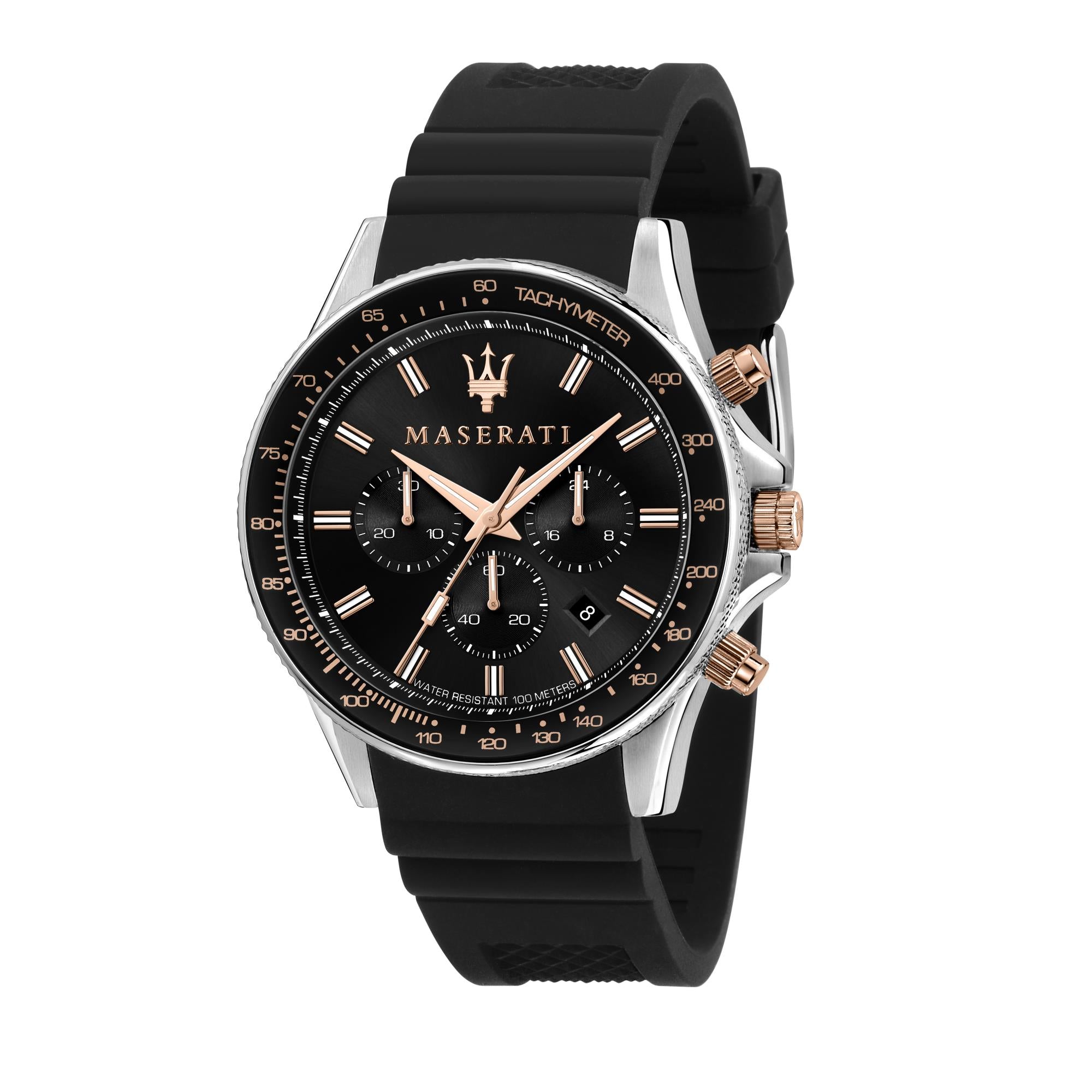 Maserati Sfidia Quarz Schwarz Chronograph Zifferblatt Schwarz Silikonarmband Herren Uhr R8871640002