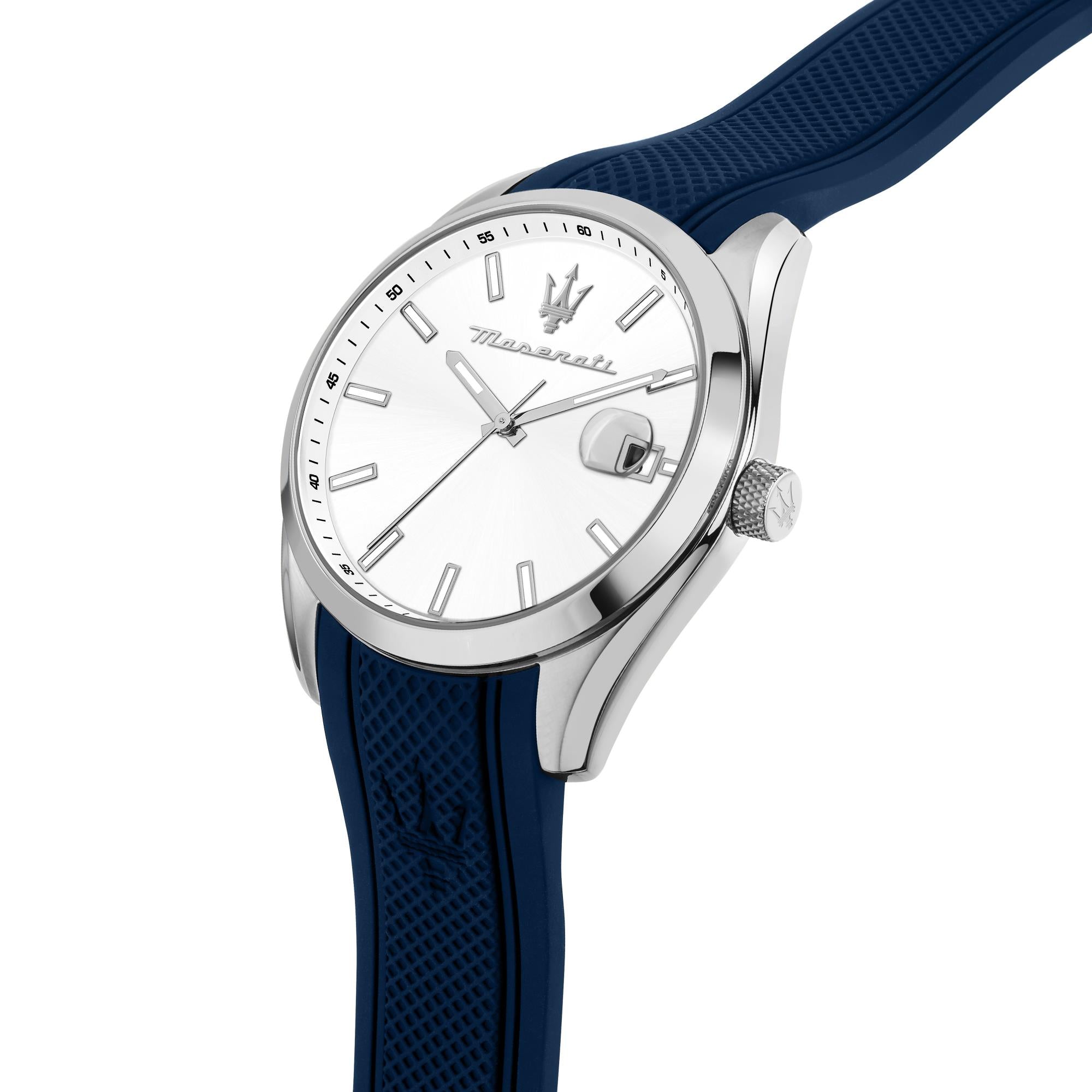 Maserati Attrazione Quarz Weiß Zifferblatt Blau Silikonarmband Herren Uhr R8851151007
