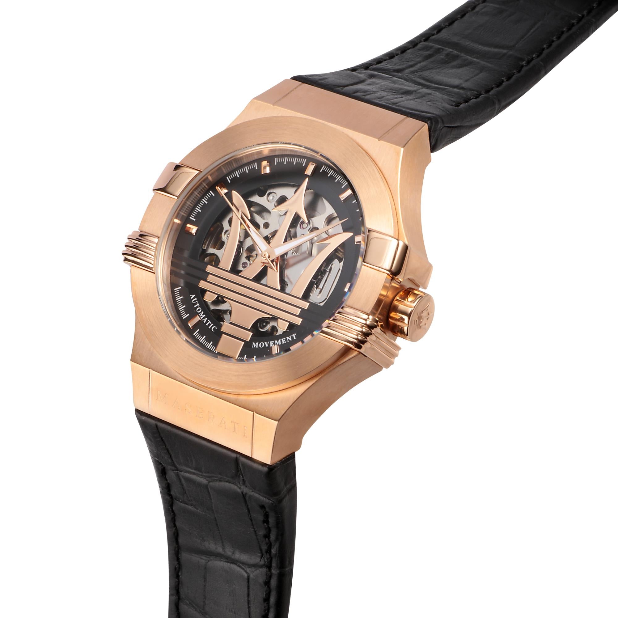 Maserati Potenza Quarz Skelett Zifferblatt Schwarz Lederarmband Herren Uhr R8821108039