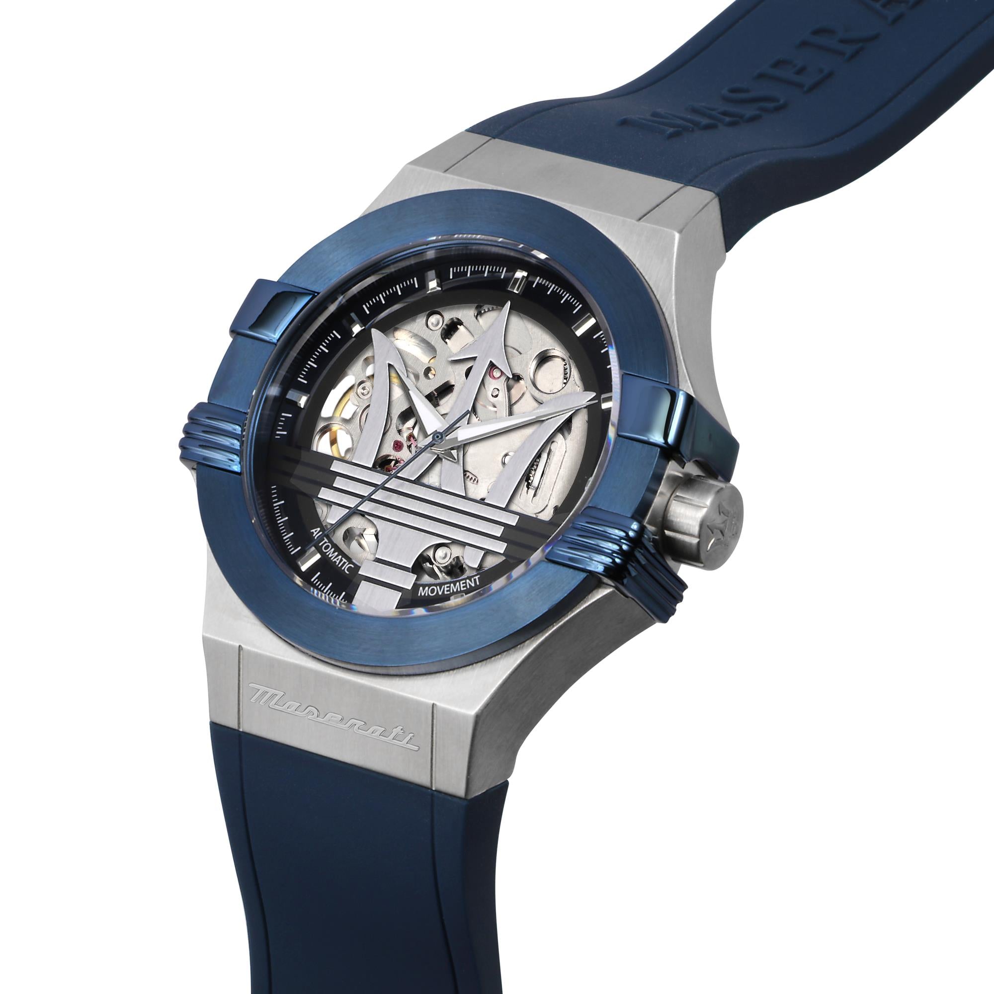 Maserati Potenza Quarz Skelett Zifferblatt Blau Silikonarmband Herren Uhr R8821108035
