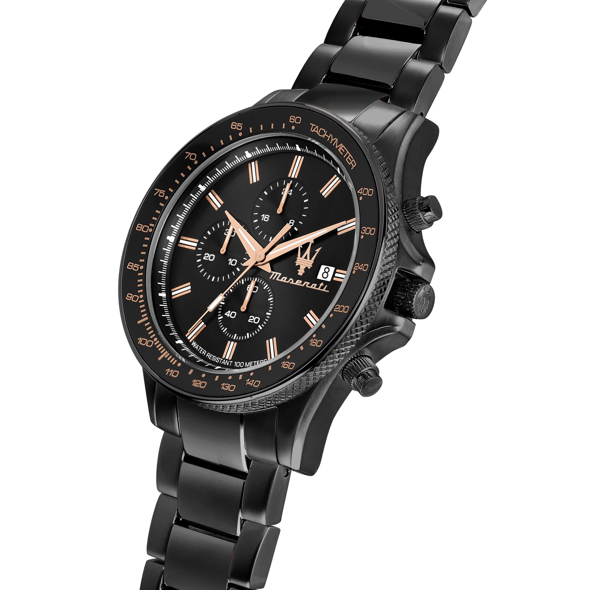 Maserati Sfidia Quarz Schwarzes Chronograph Zifferblatt Schwarzes PVD Stahlarmband Herren Uhr R8873640011