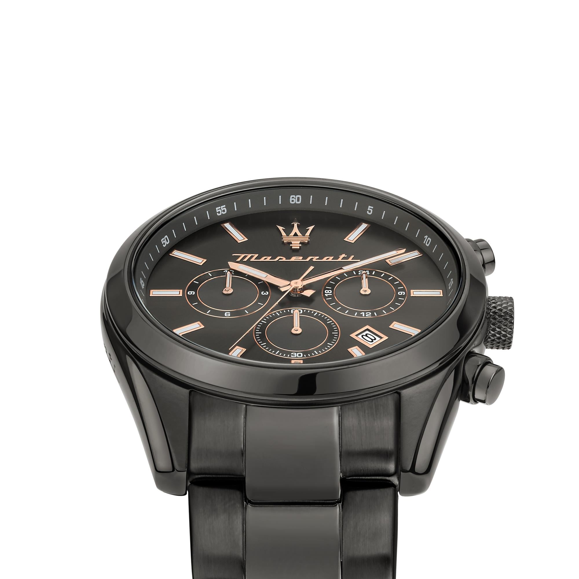 Maserati Attrazione Quarz Schwarzes Chronograph Zifferblatt Schwarzes PVD Stahlarmband Herren Uhr R8853151001