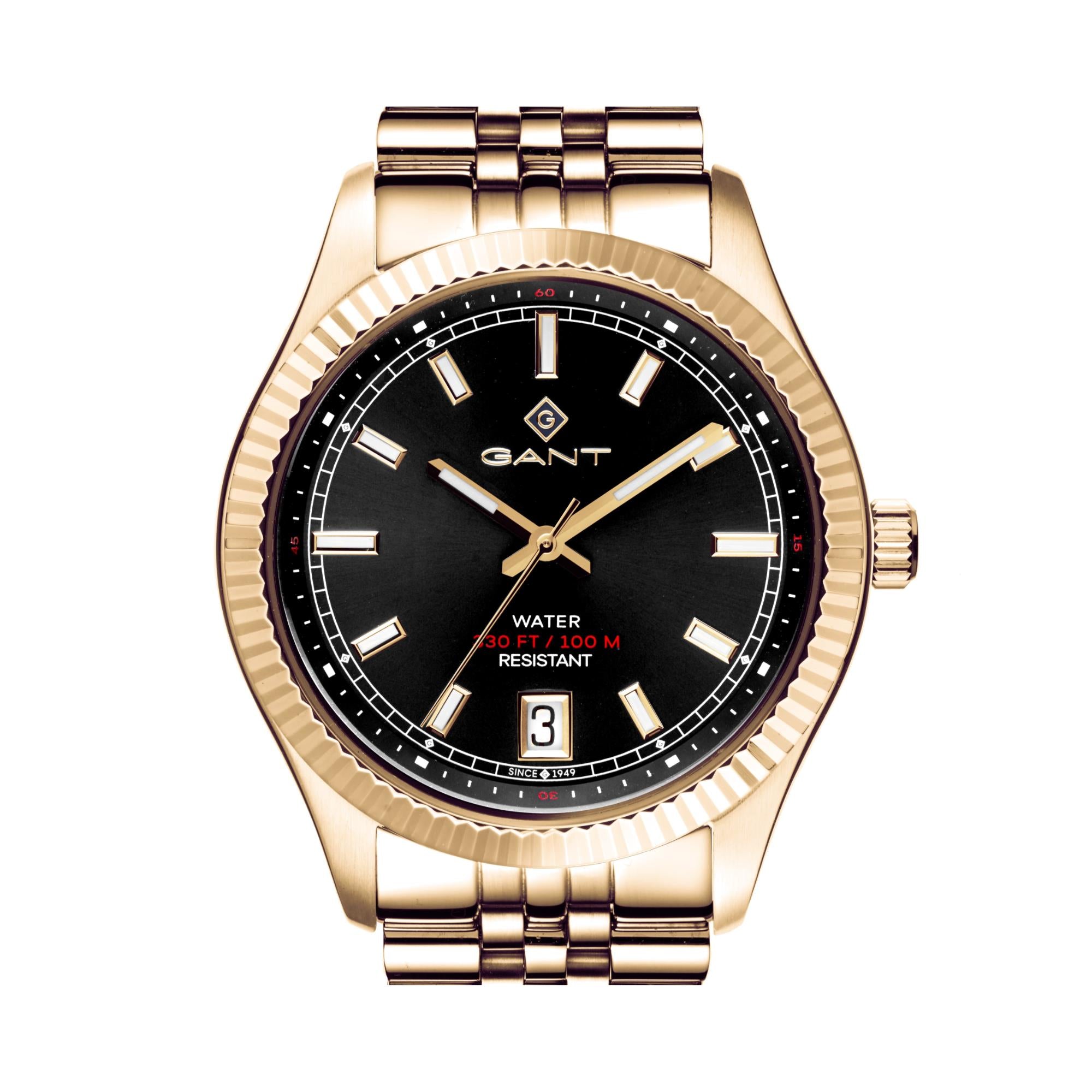 Gant Sussex 44 Quarz Schwarzes Zifferblatt Gold PVD Stahlarmband Herren Uhr G166004