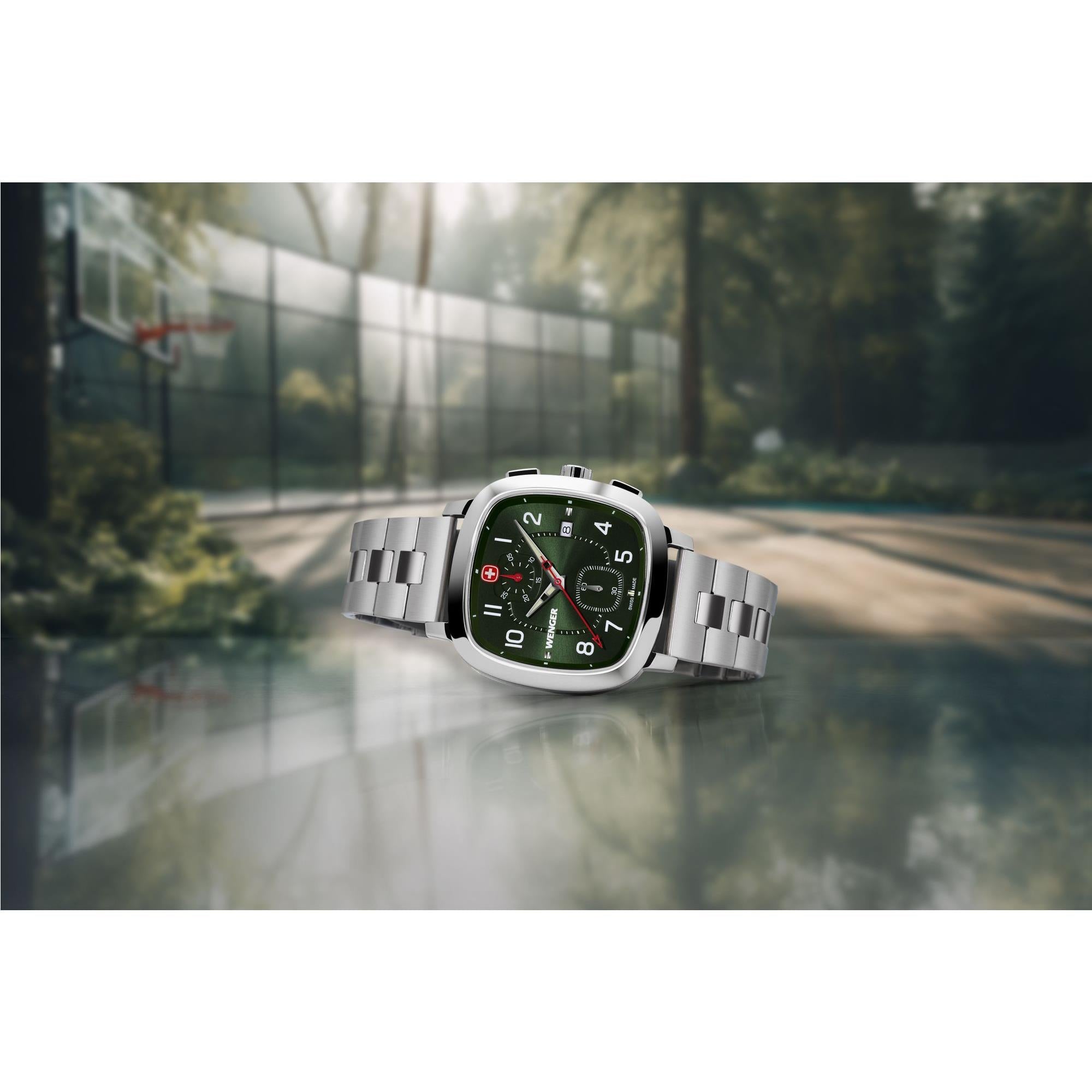 Wenger Vintage Sport Chrono Grünes Zifferblatt Edelstahlarmband Herren Uhr 01.1933.112