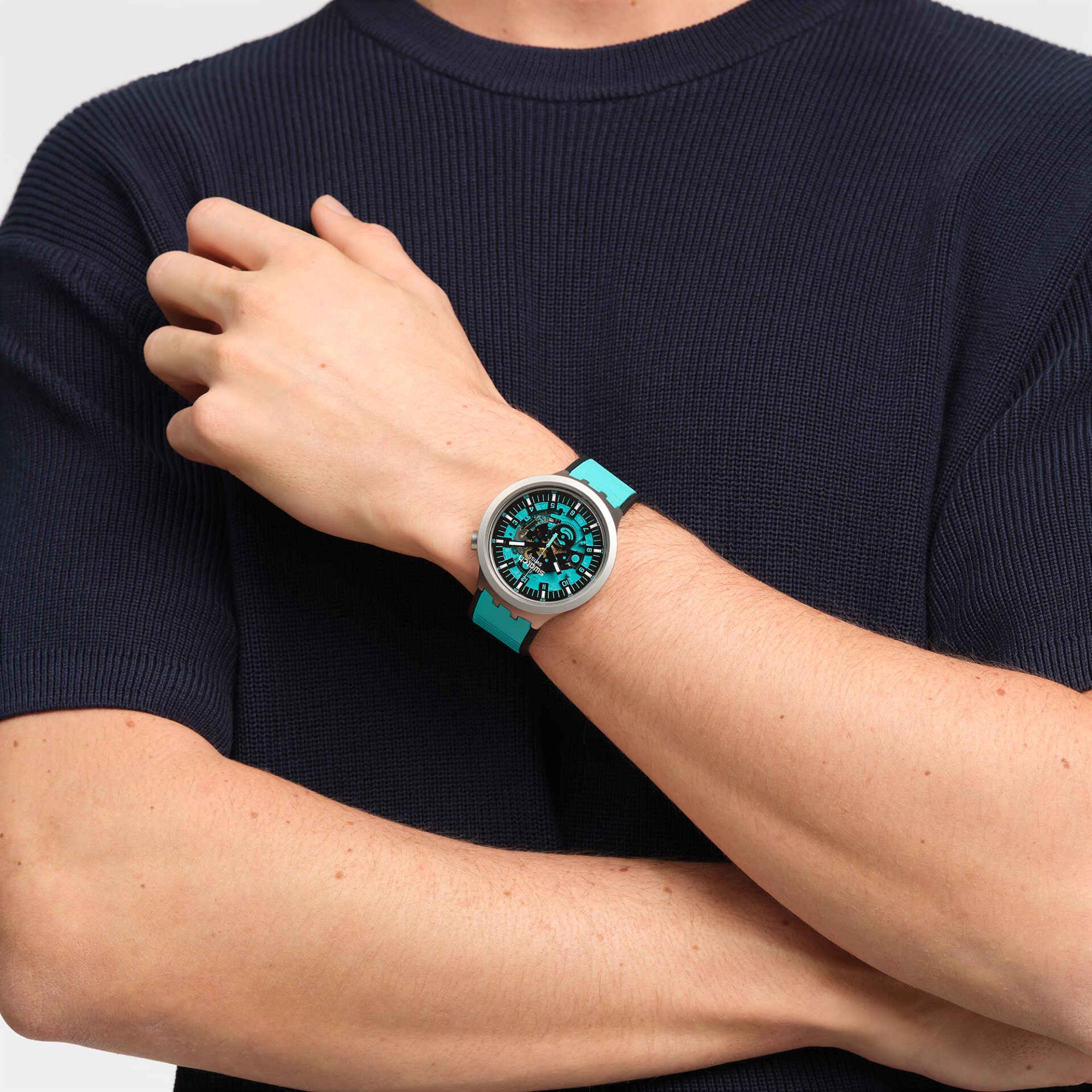 Swatch Big Bold Irony Minz Trim Quarz Türkis Zifferblatt Türkises Gummiarmband Unisex Uhr SB07S111