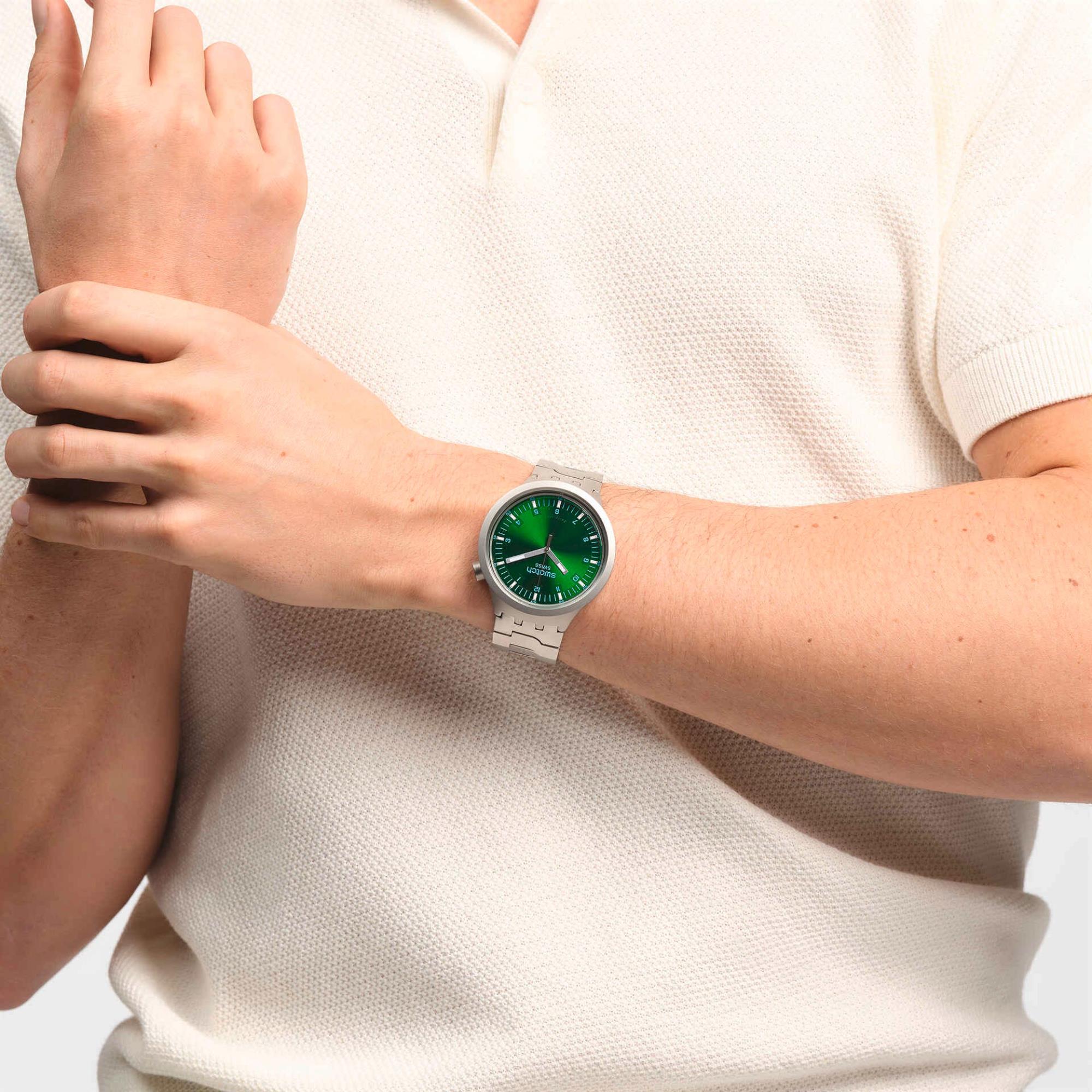 Swatch Big Bold Irony Forest Face Quartz Green Dial Steel Strap Unisex Watch SB07S101G