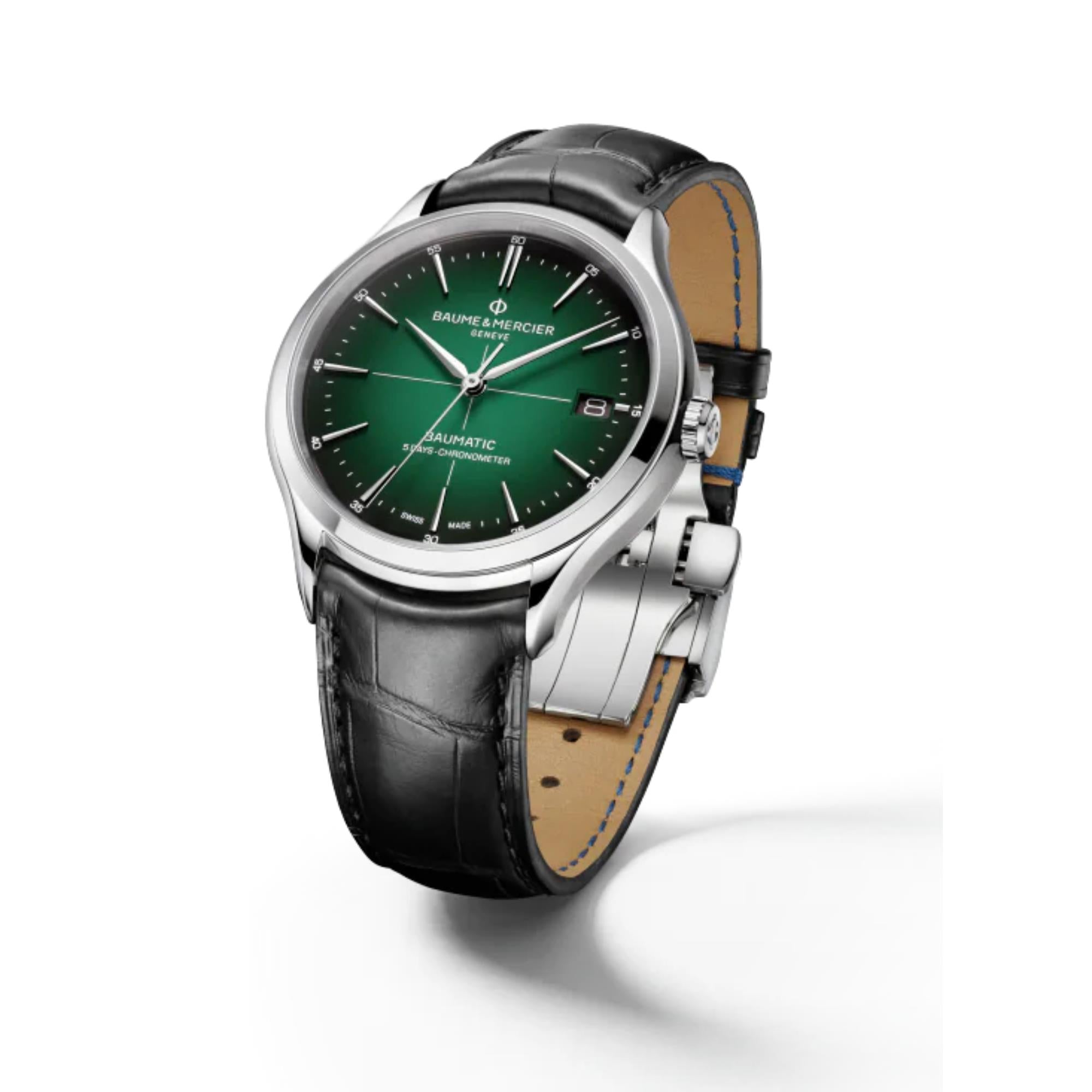 Baume & Mercier Clifton Baumatic Automatik Grünes Zifferblatt Schwarzes Lederarmband Herren Uhr BM0A10592