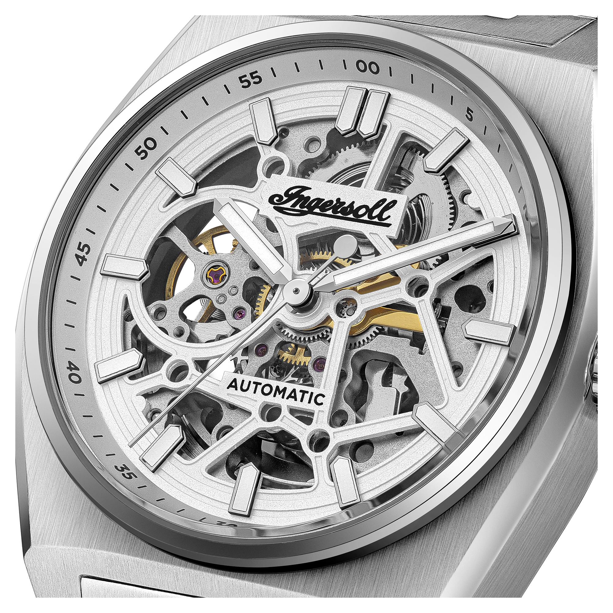Ingersoll The Vert Automatik Silber Skelett Zifferblatt Edelstahl Armband Herren Uhr I14303