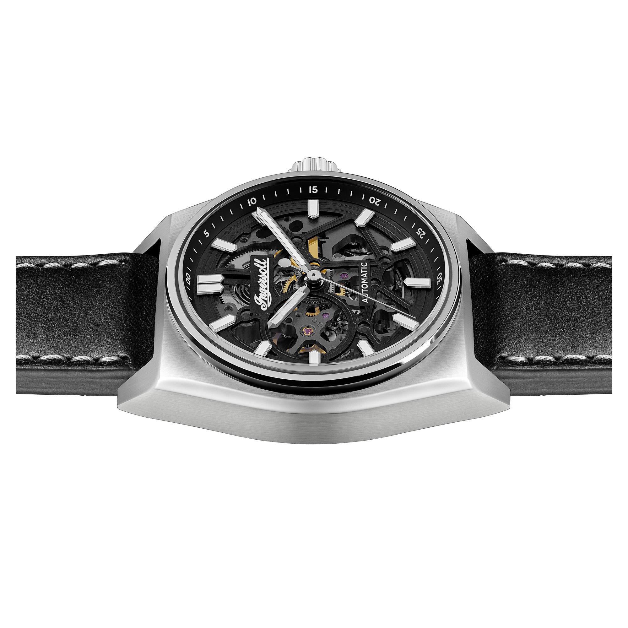 Ingersoll The Vert Automatik Schwarzes Skelett Zifferblatt Schwarzes Lederarmband Herren Uhr I14301