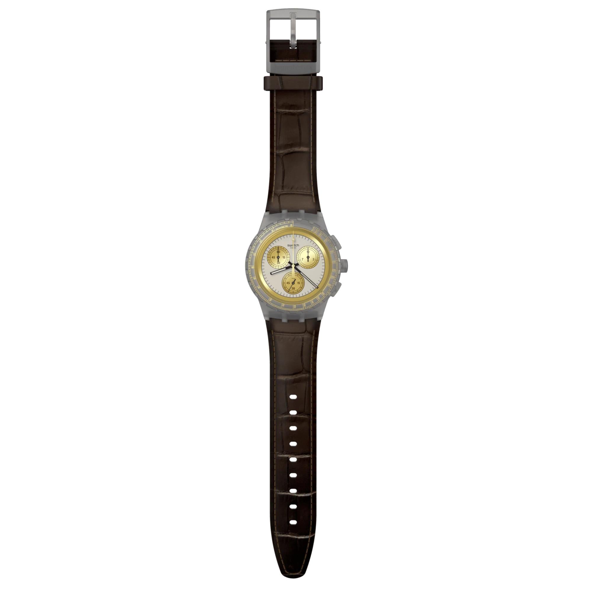Swatch Holiday Collection Golden Radiance NEON Quartz Grey Dial Brown Leather Strap Men's Watch SUSM100