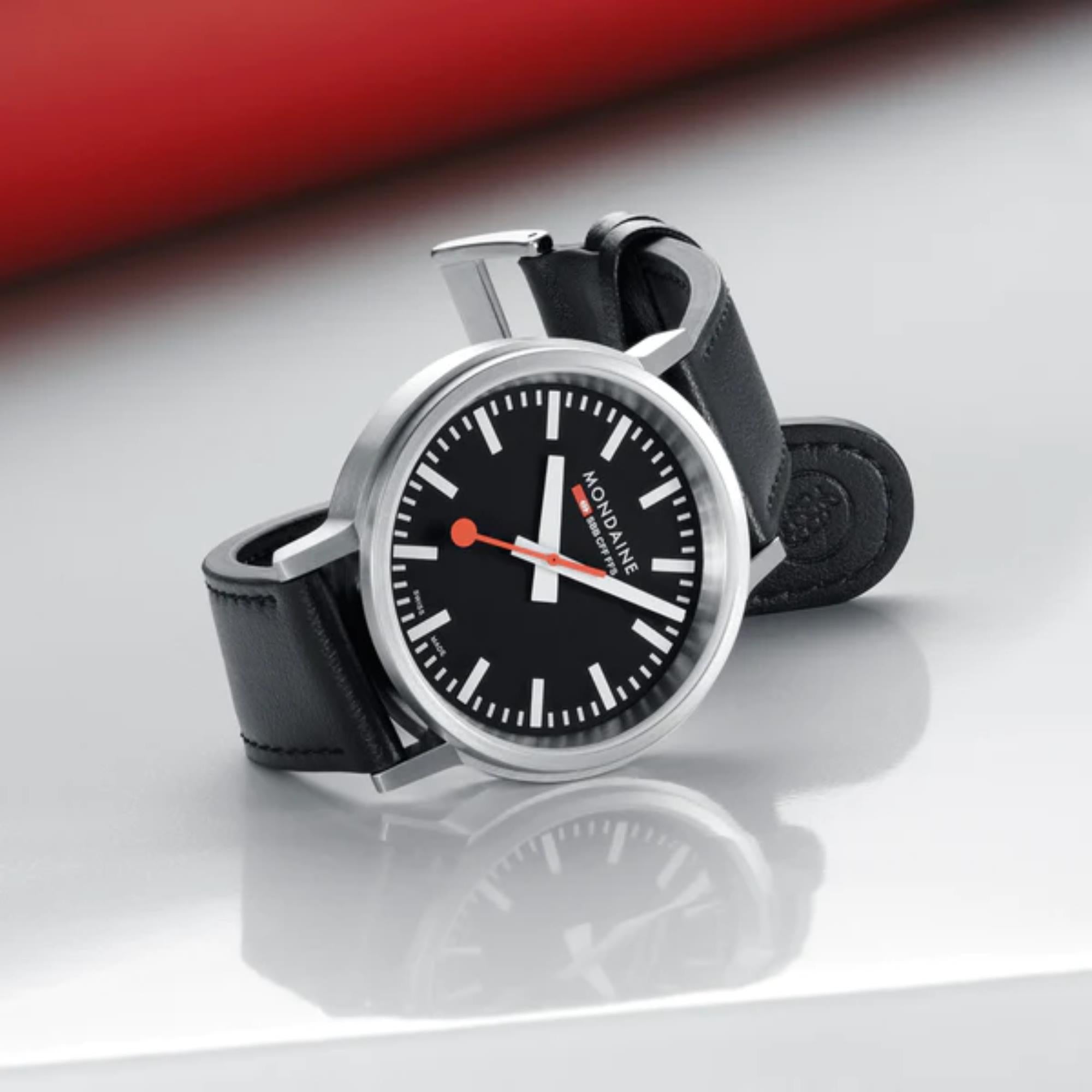 Mondaine stop2go 41mm Black Dial Leather Mens Quartz Watch MST.41020.LBV.2SE