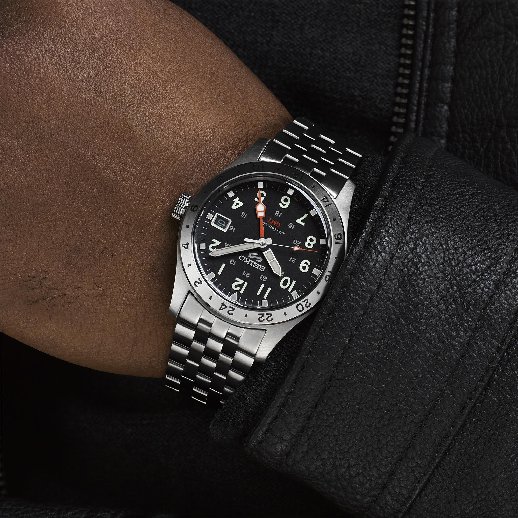 Seiko 5 Sports Field Deploy Mechanical GMT Automatic Black Dial Stainless Steel Bracelet Men's Watch SSK023K1