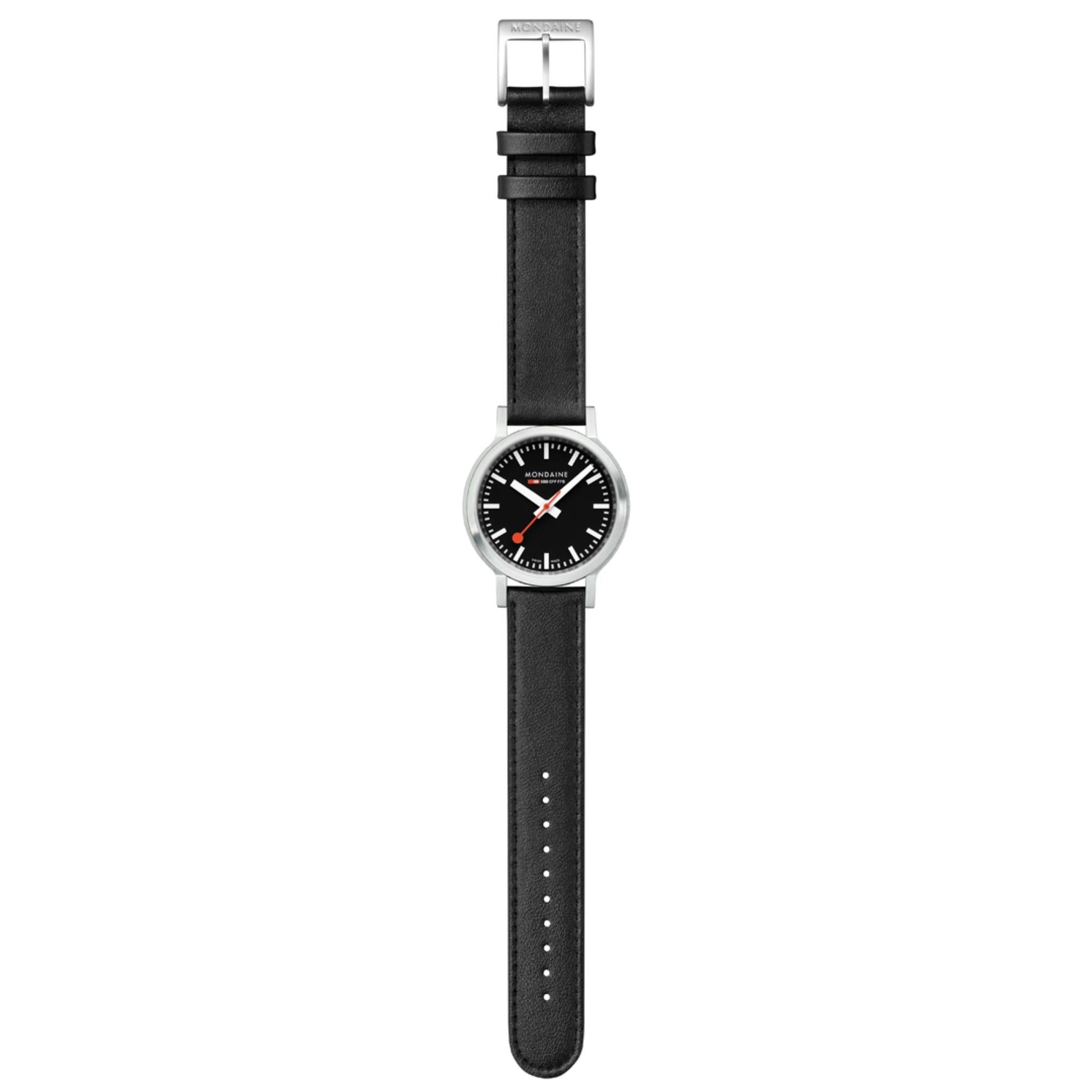 Mondaine stop2go Quarz Schwarzes Zifferblatt Schwarzes Leder Uhr MST.34020.LBV.SET