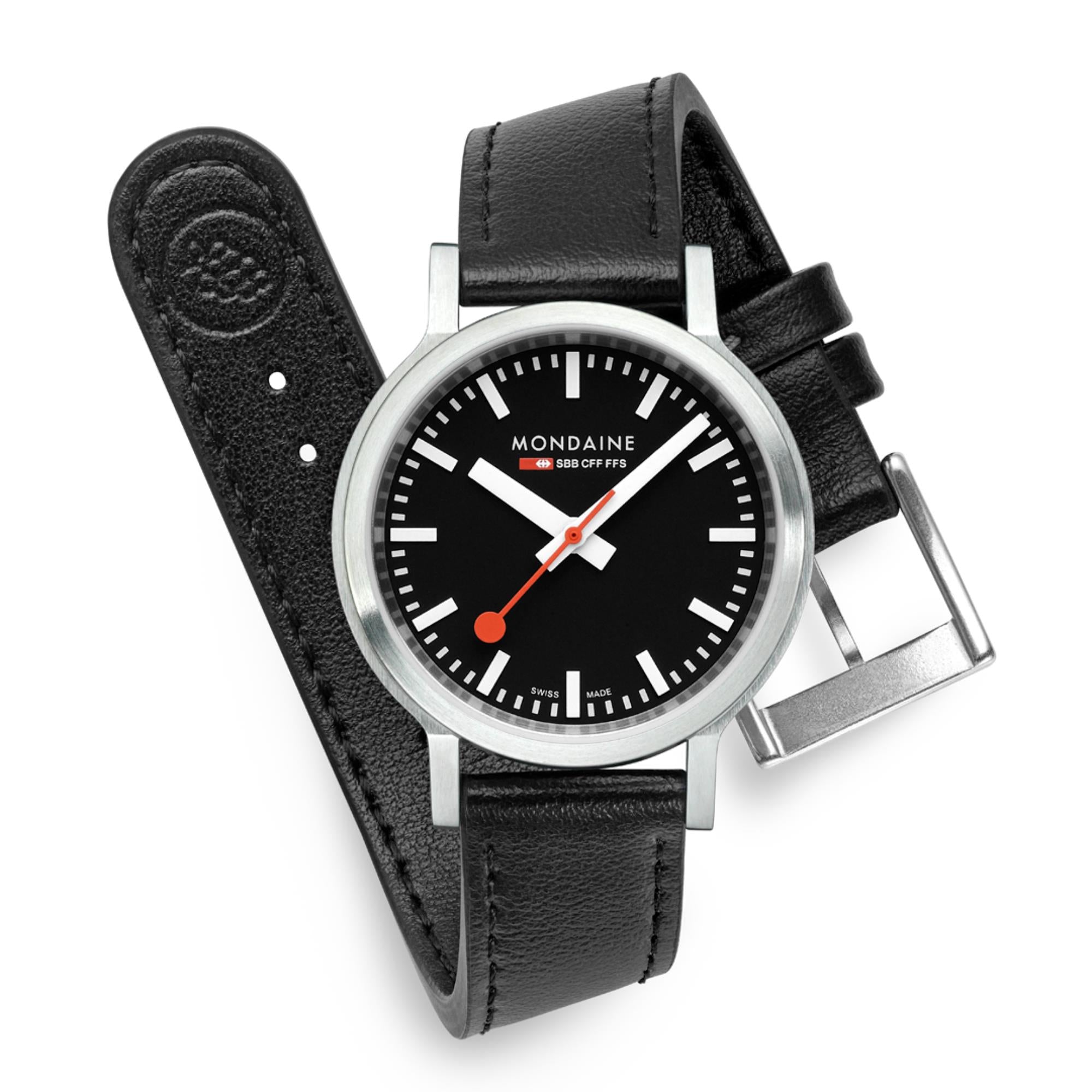 Mondaine stop2go Quarz Schwarzes Zifferblatt Schwarzes Leder Uhr MST.34020.LBV.SET