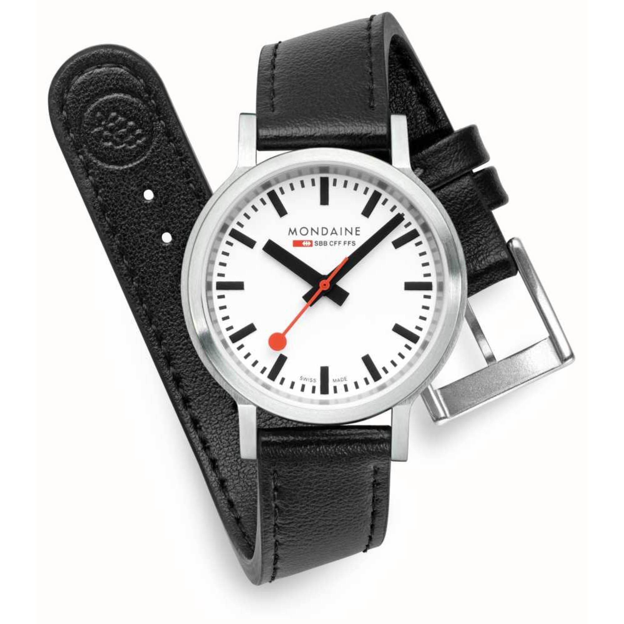 Mondaine stop2go Quarz Weißes Zifferblatt Lederarmband Uhr MST.3401B.LBV.SET