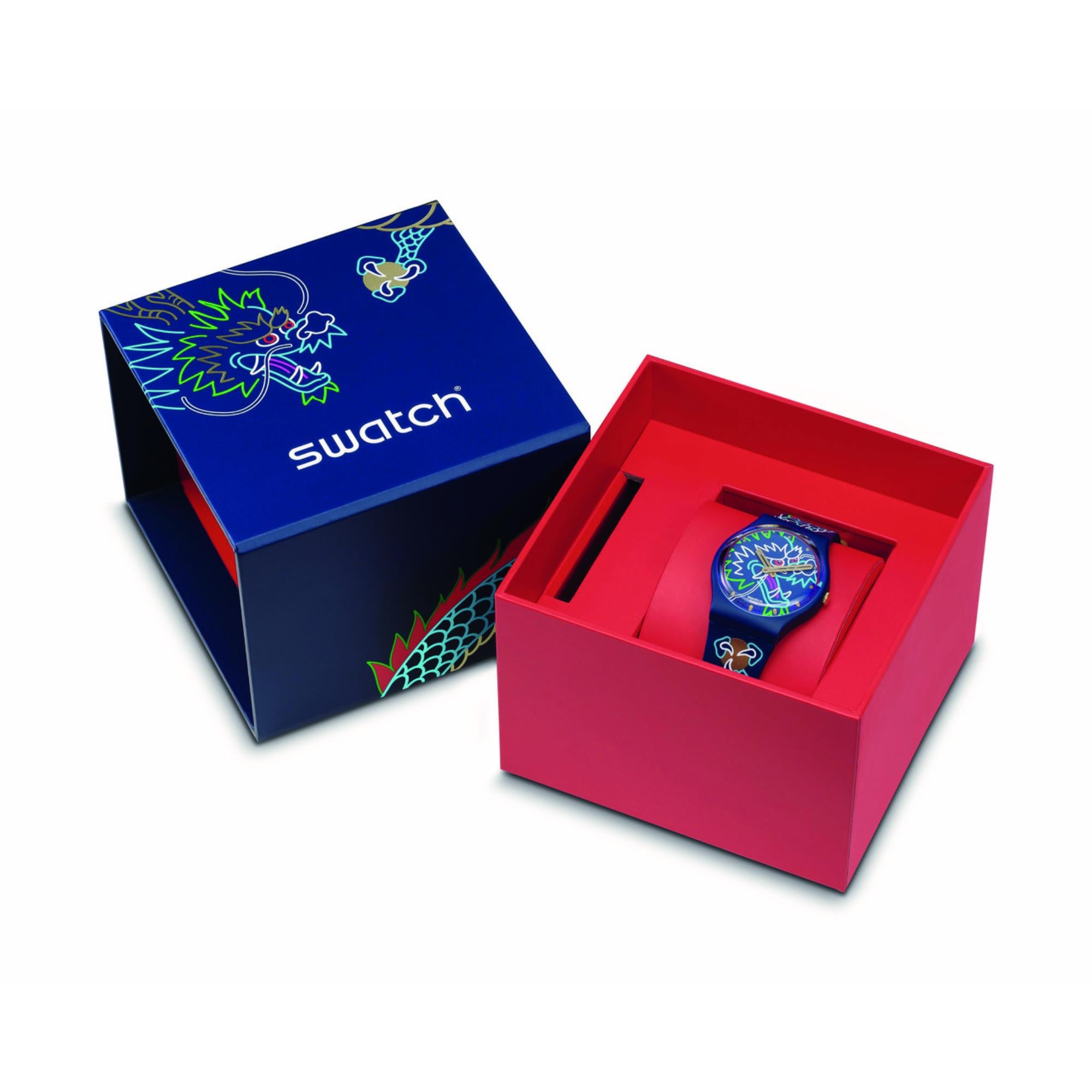 Swatch Dragon In Waves Quartz Blue Dial Silicone Watch SO28Z125